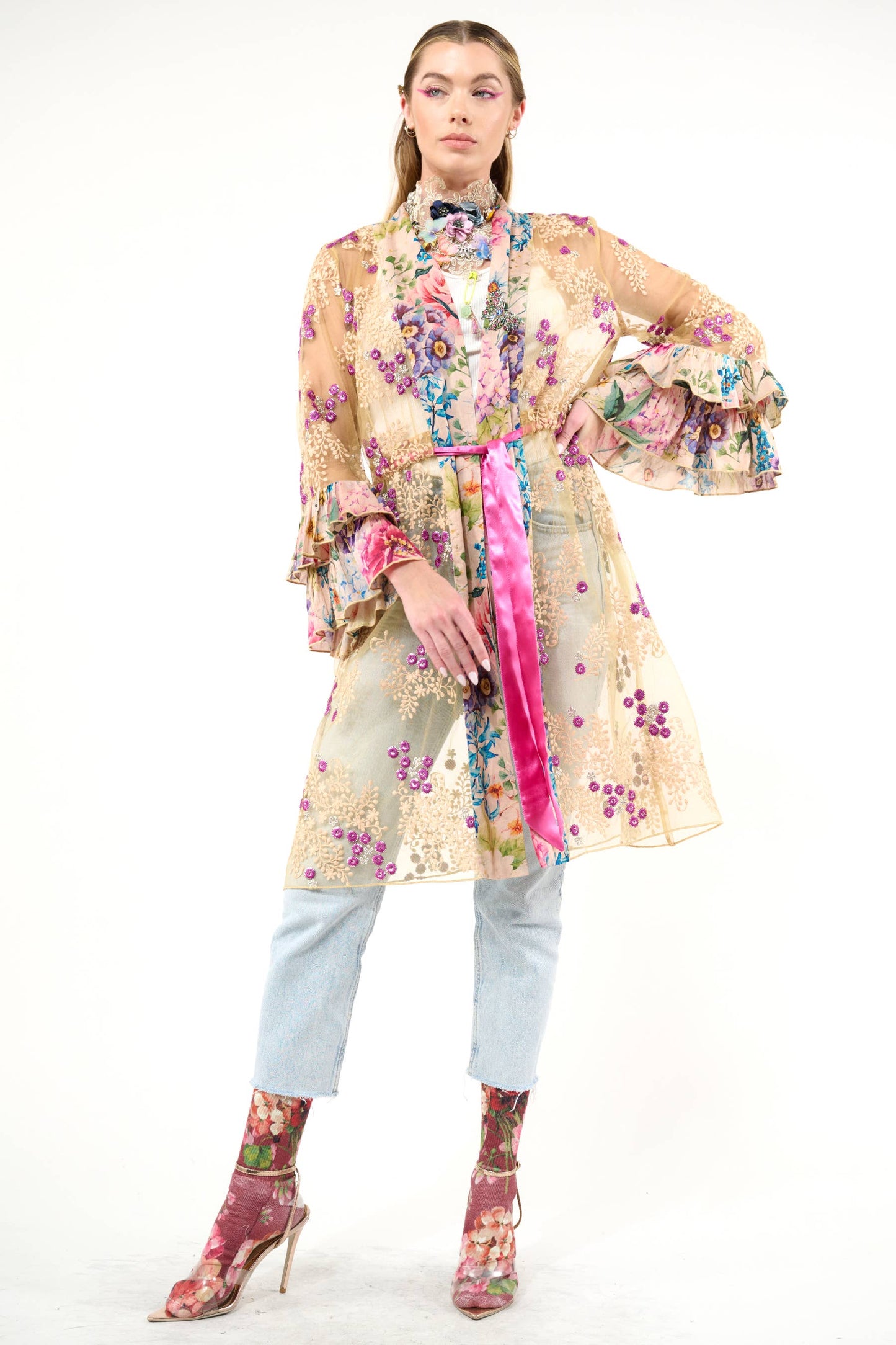 Miss September Embellished Mesh Kimono: Antique Floral - Size Medium