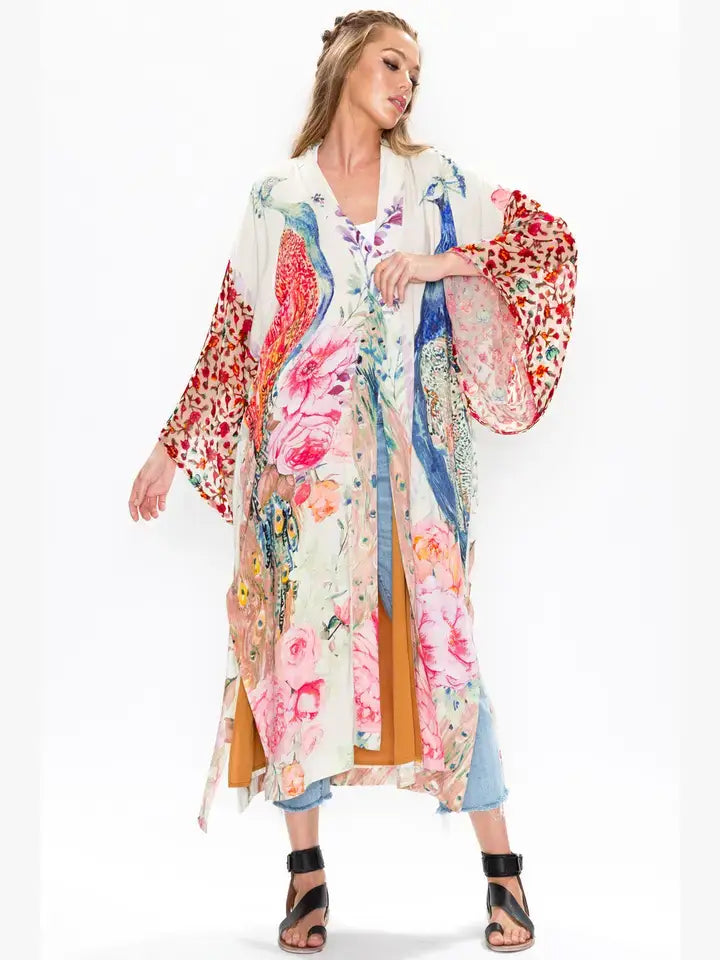Fantasy Kimono/ Duster: Ivory Peacock Print / Size M