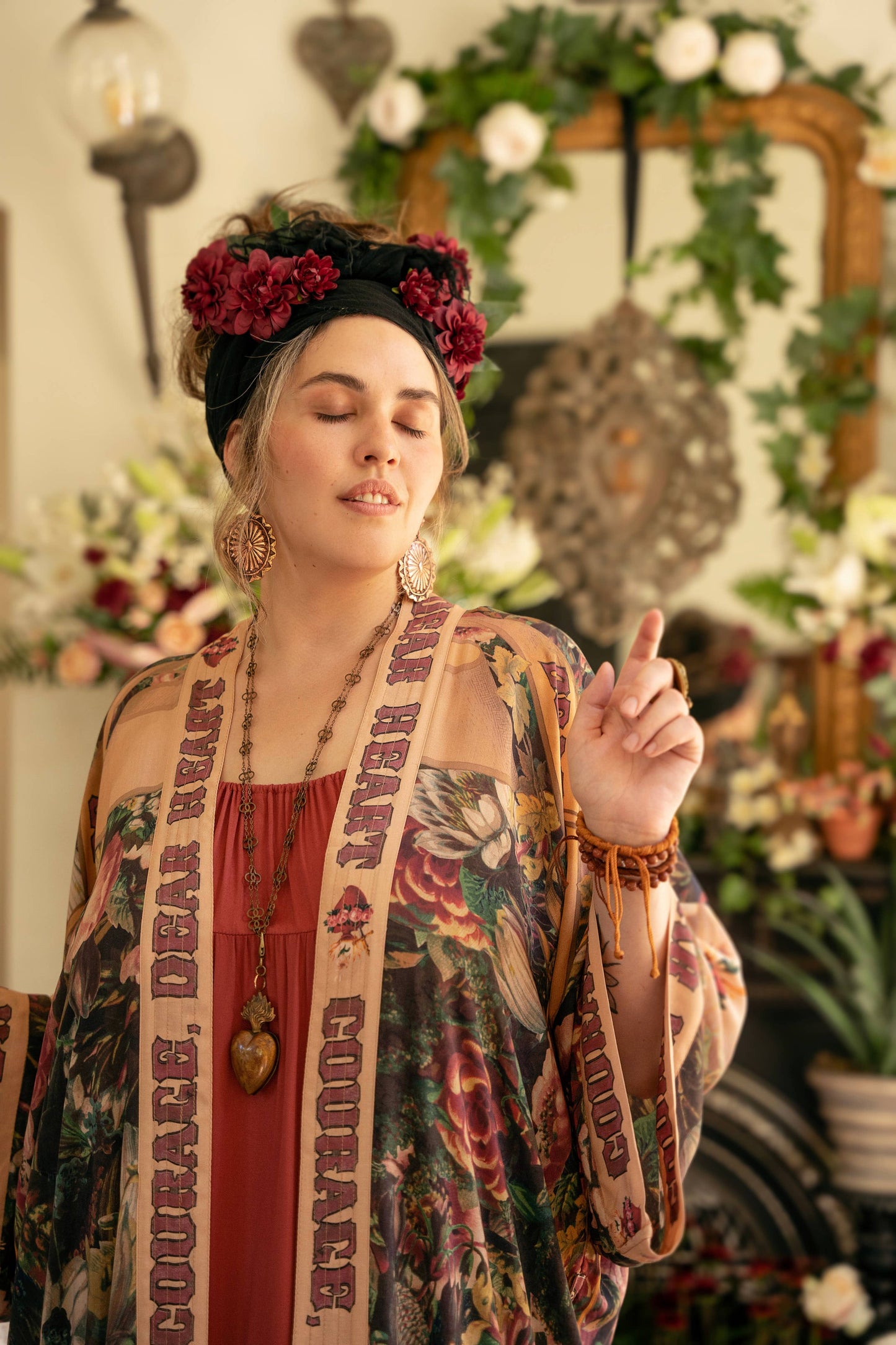 Courage Dear Heart Opera Duster Kimono Robe w/ Sacred Heart- One Size