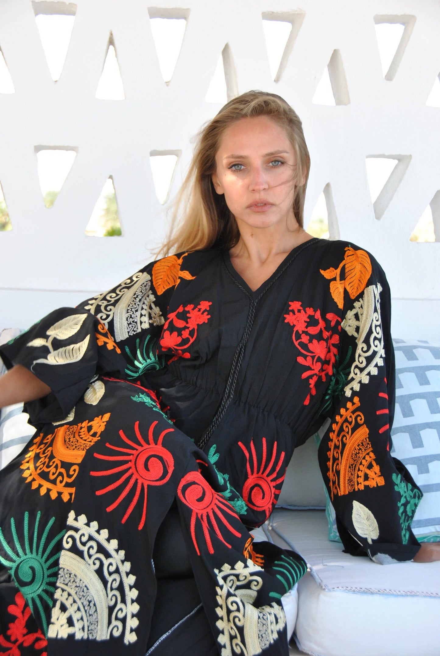 Colorful Embroidered Cotton Caftan Dress: One size (small to large)