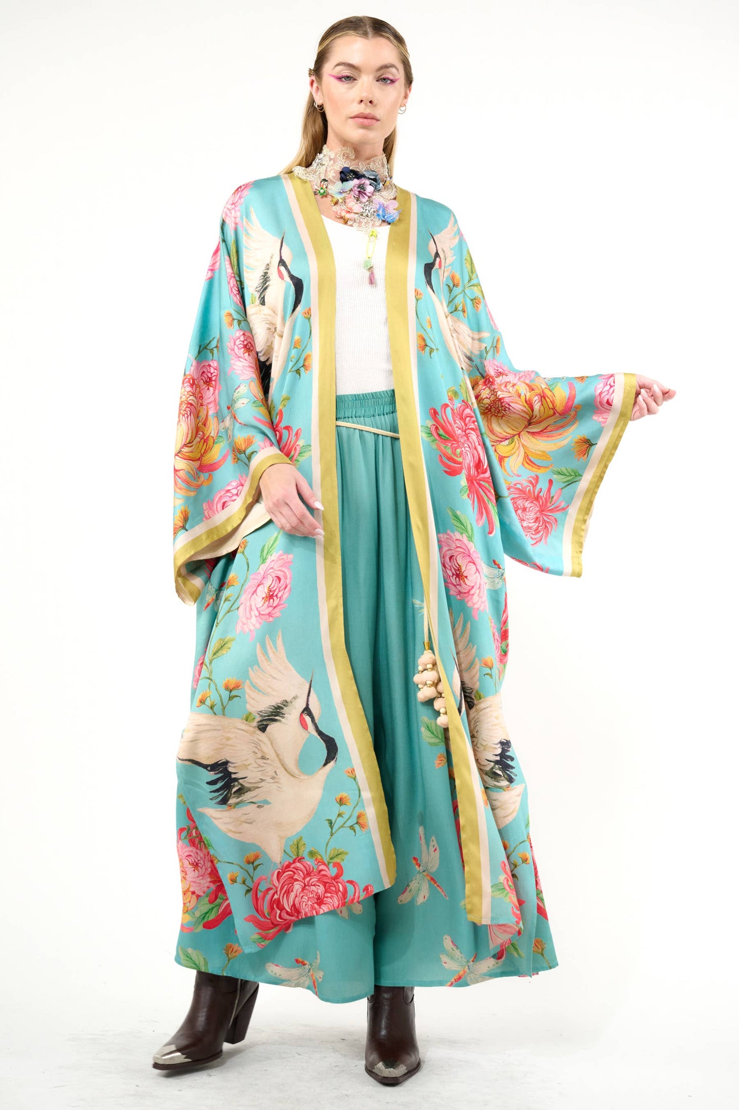 The Legend of the Crane Maxi Kimono / Topper : Vintage Emerald / One Size