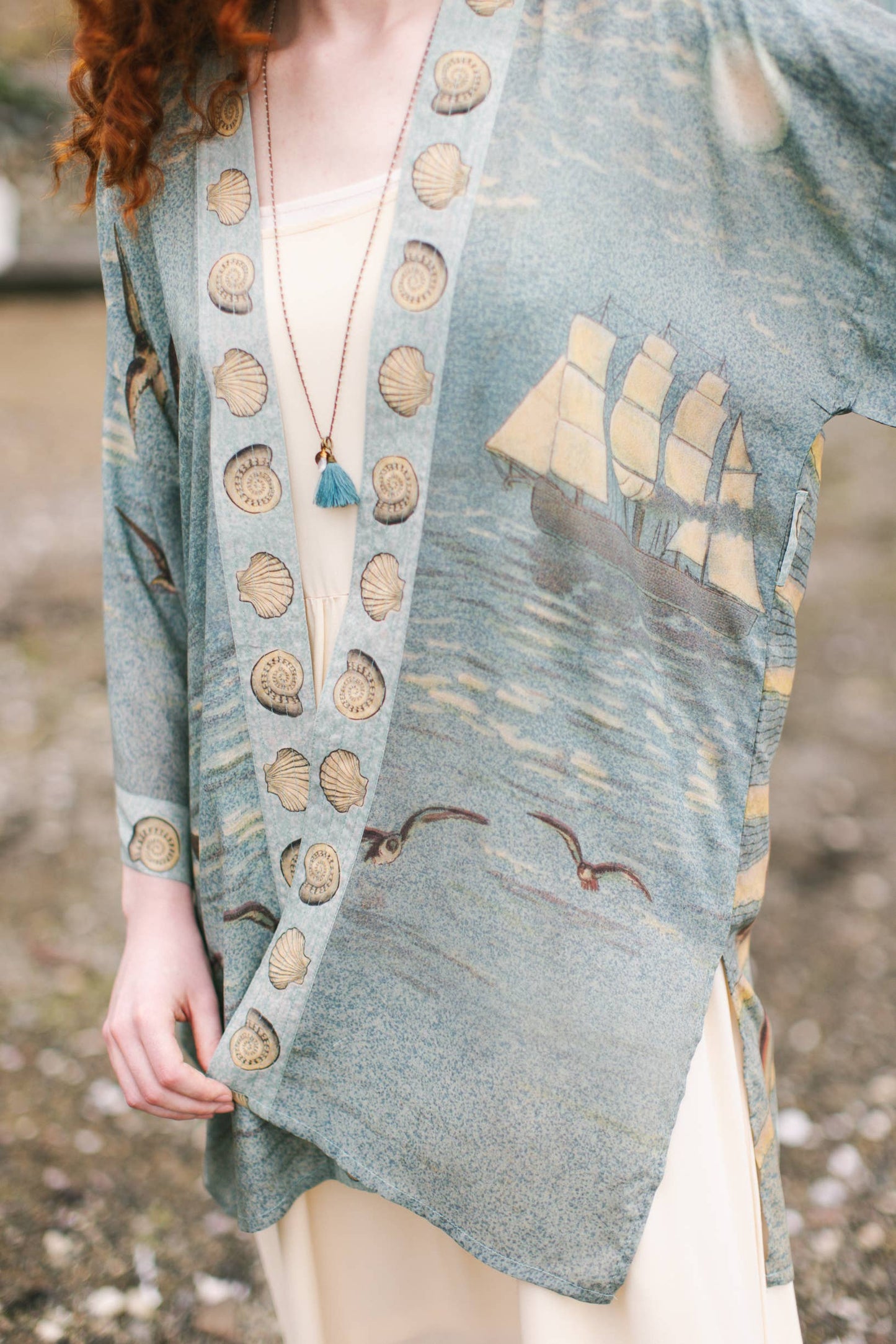 Sunrise Lands Matinée Duster Bamboo Kimono w Ocean midlength