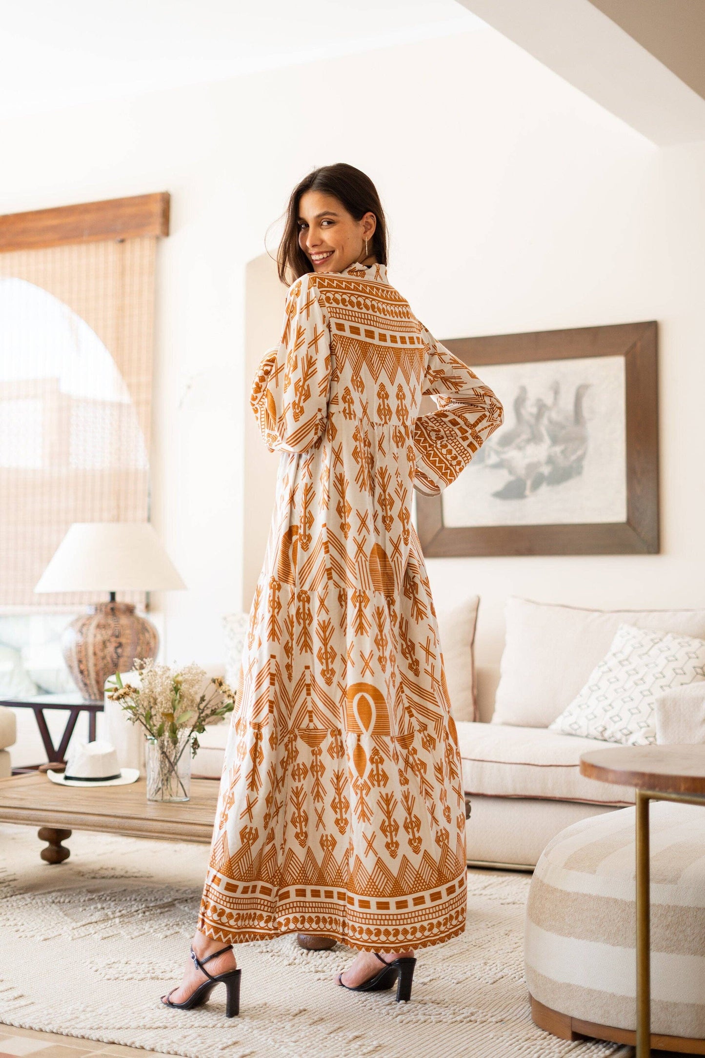 Summer beige boho print Dress- Size S/M