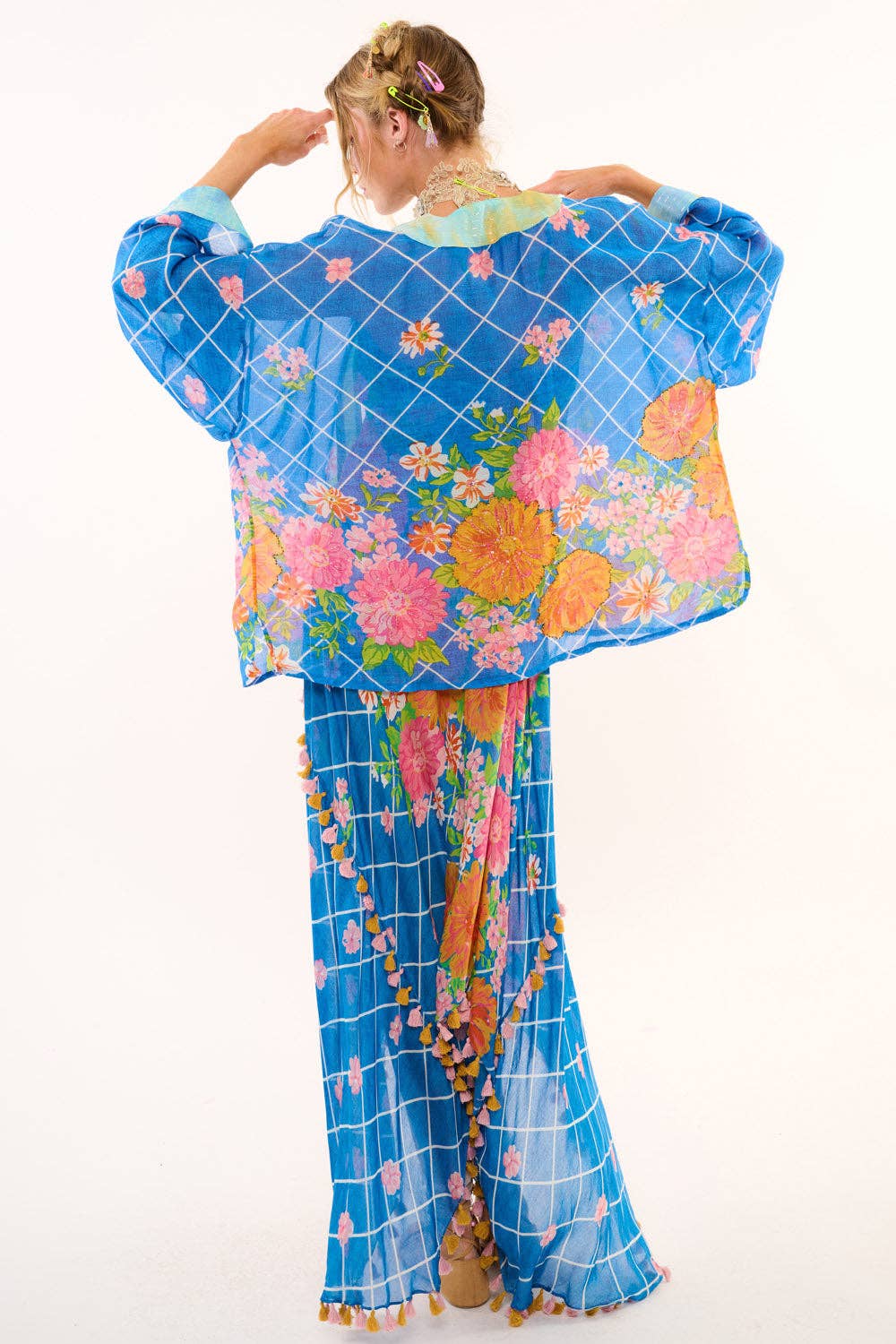 Borrocow Beauty Hand-Embellished Kimono: Vintage Blue Print / One Size
