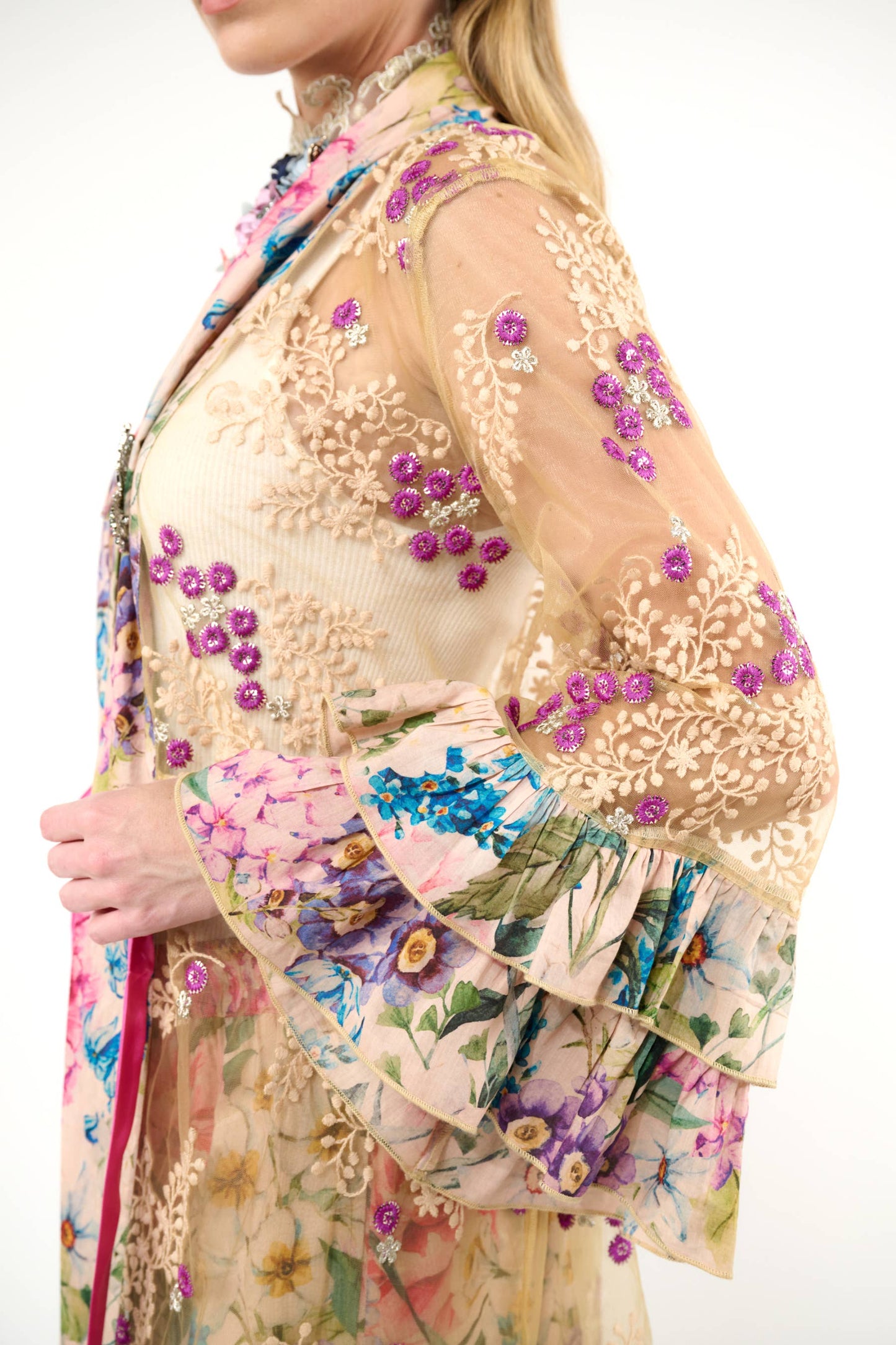 Miss September Embellished Mesh Kimono: Antique Floral - Size Medium