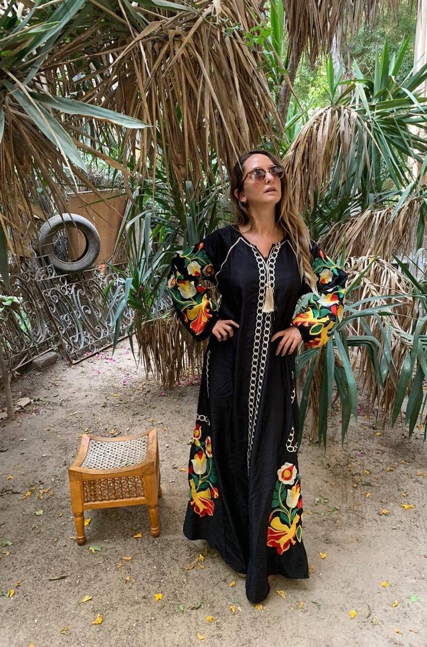 Boho Black Caftan, Egyptian Cotton, Made in Egypt, Long Sleeve Caftan Dress, One Size fits SML.