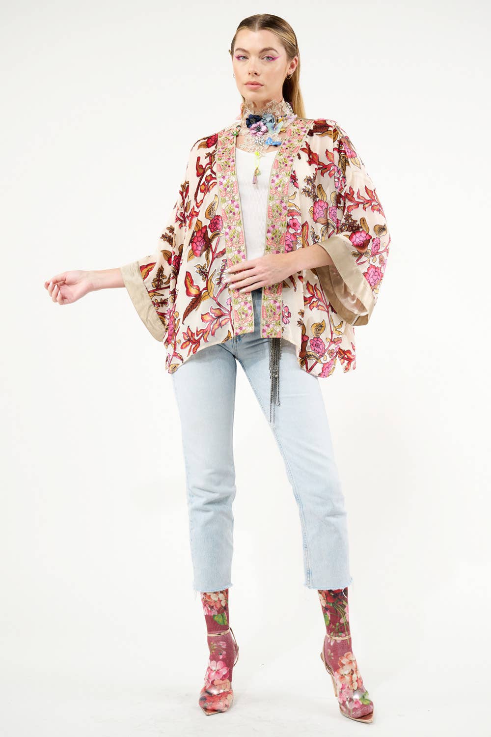 Holiday Jewels Burnout Velvet Kimono / Jacket : Ivory / One Size