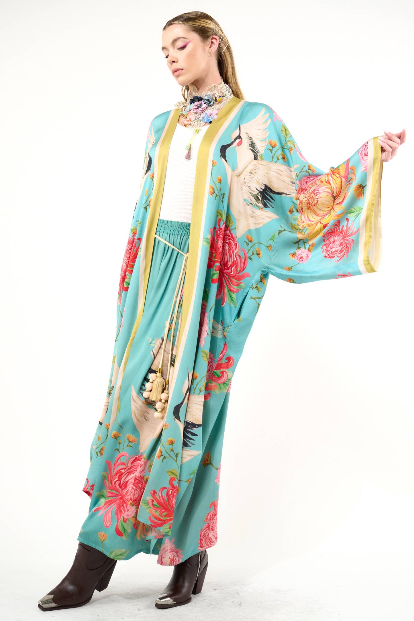 The Legend of the Crane Maxi Kimono / Topper : Vintage Emerald / One Size