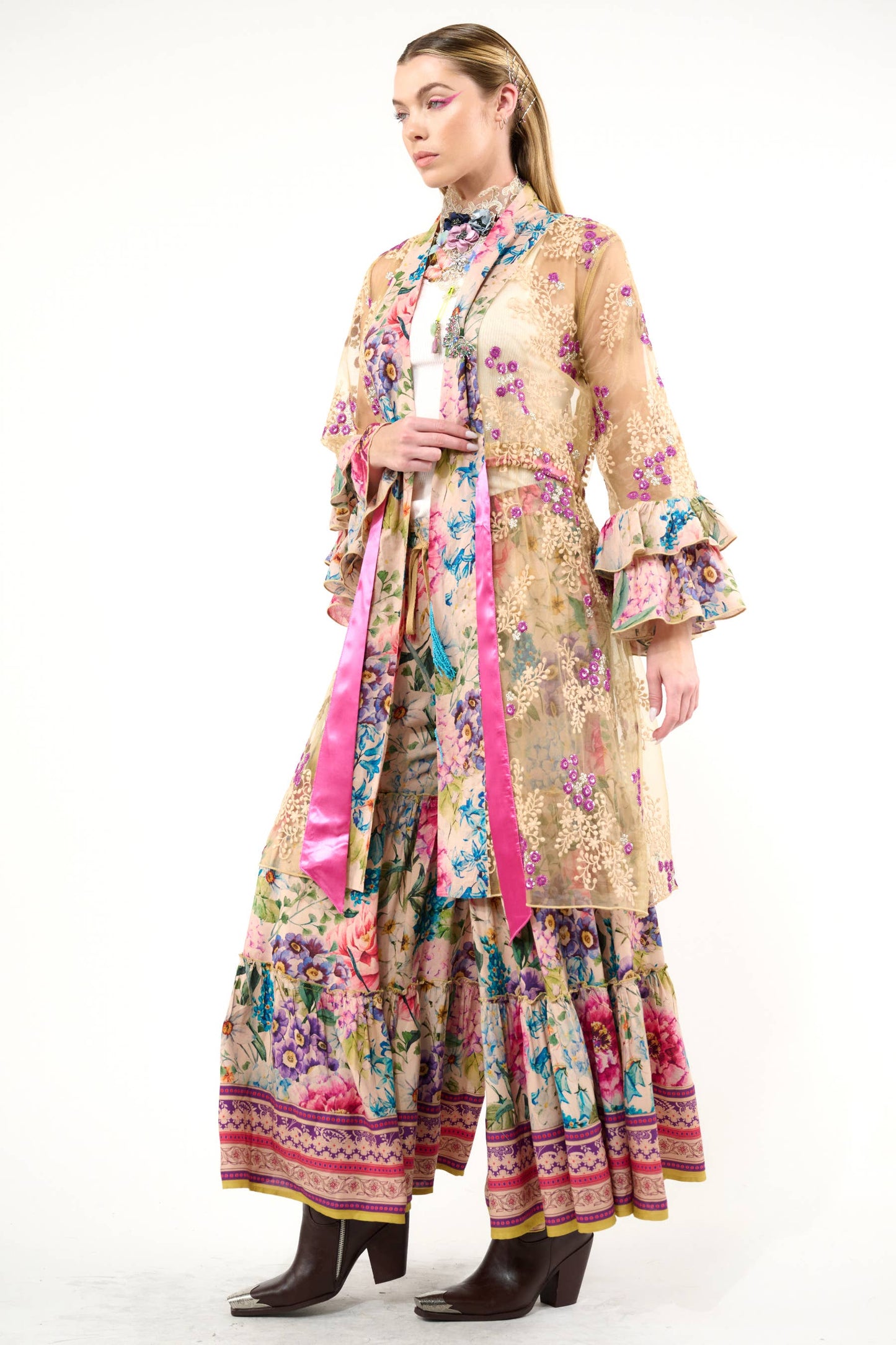 Miss September Embellished Mesh Kimono: Antique Floral - Size Medium