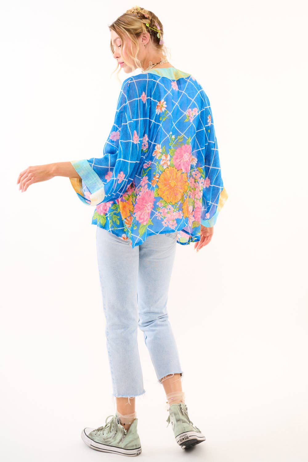 Borrocow Beauty Hand-Embellished Kimono: Vintage Blue Print / One Size