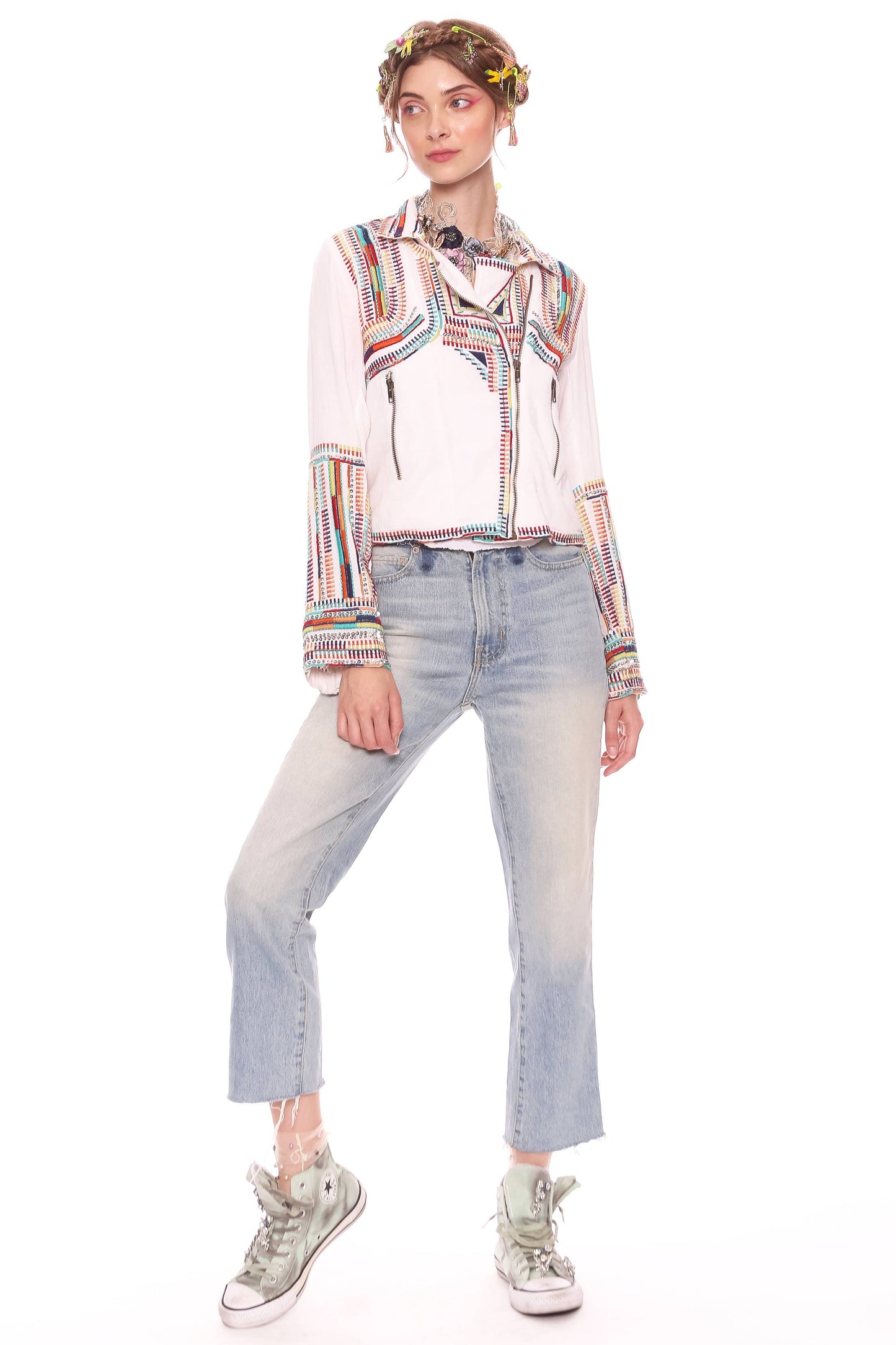 Crafted Lily Motorcycle Jacket: Off White / Size Small