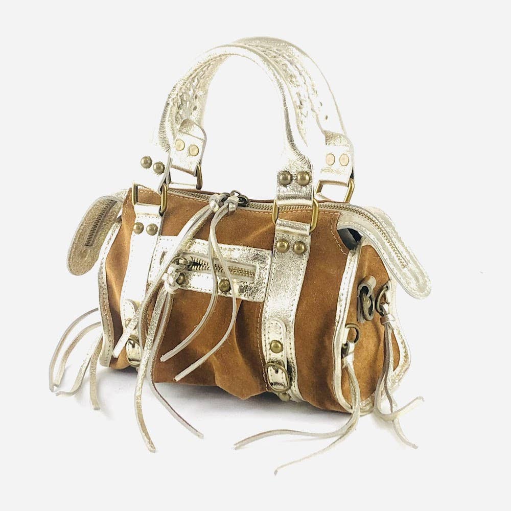 ITALIAN Tan and Gold Suede & Leather Tote Bag