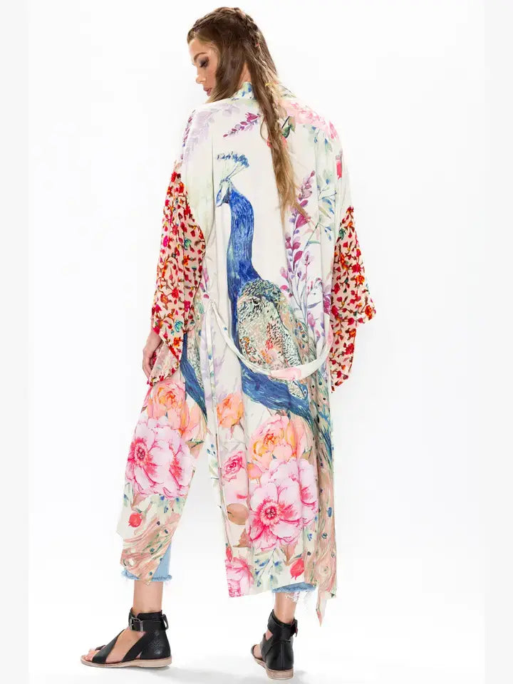 Fantasy Kimono/ Duster: Ivory Peacock Print / Size M