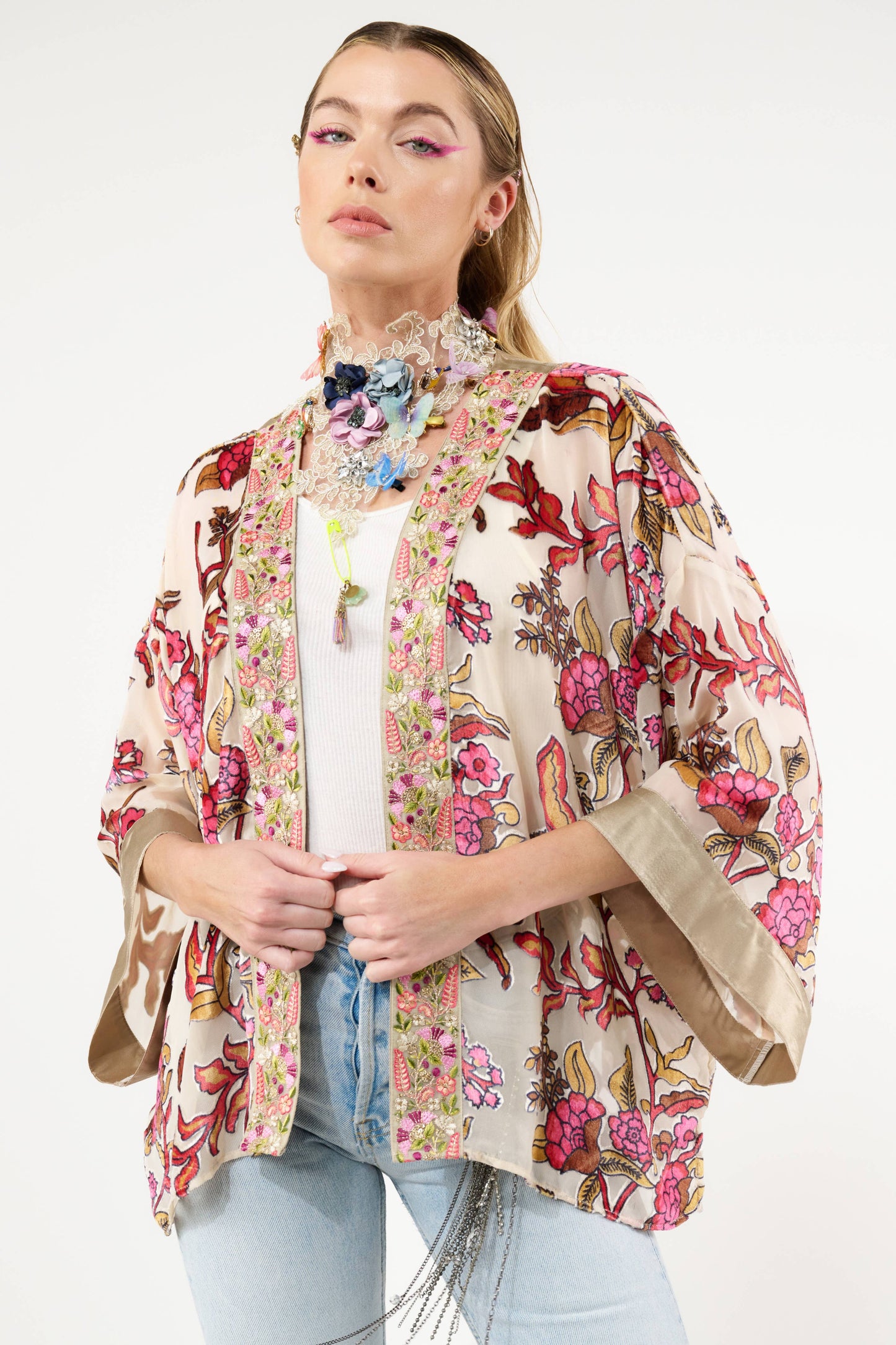 Holiday Jewels Burnout Velvet Kimono / Jacket : Ivory / One Size
