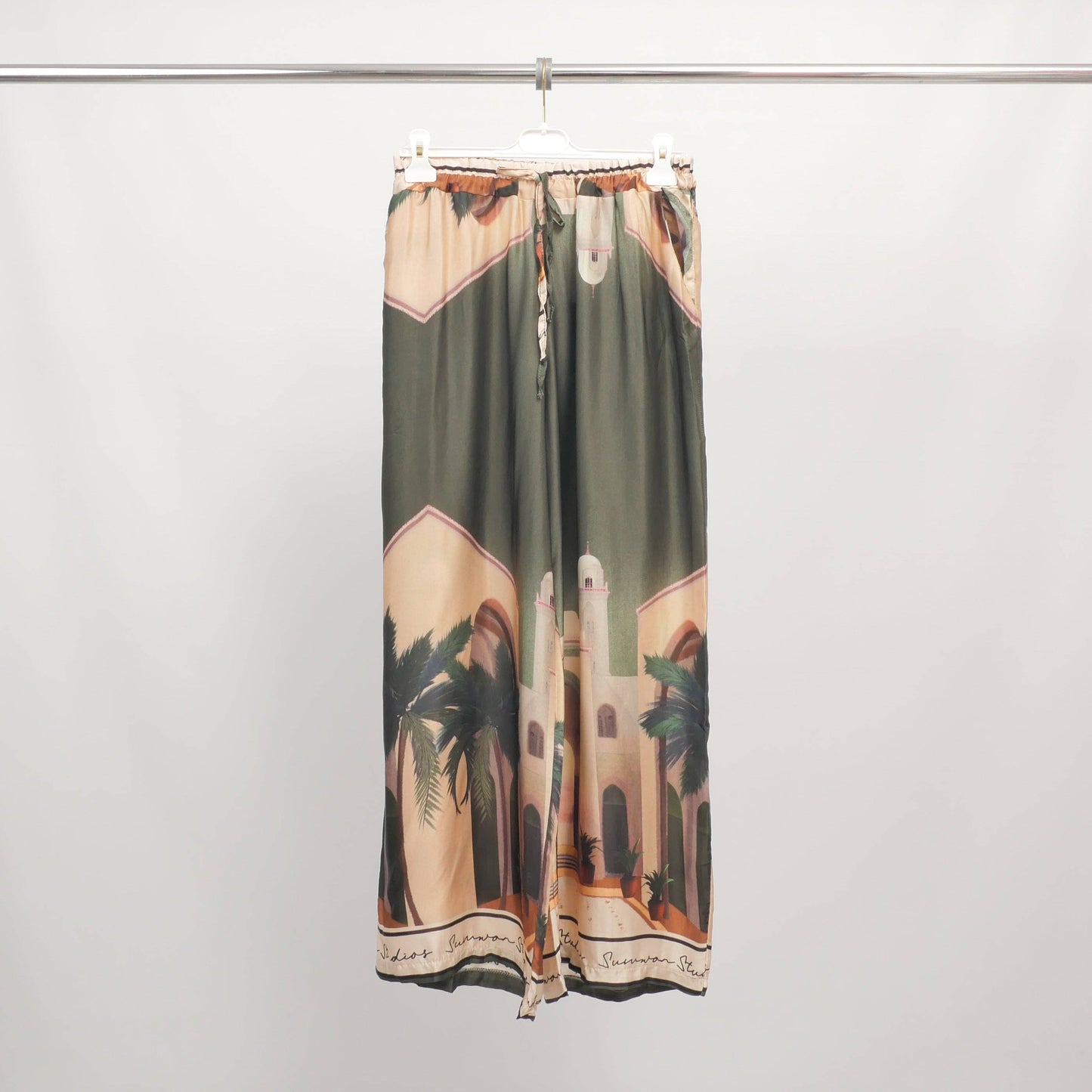 Wide Viscose/Silk pants with print in Khaki- One size fits S to M