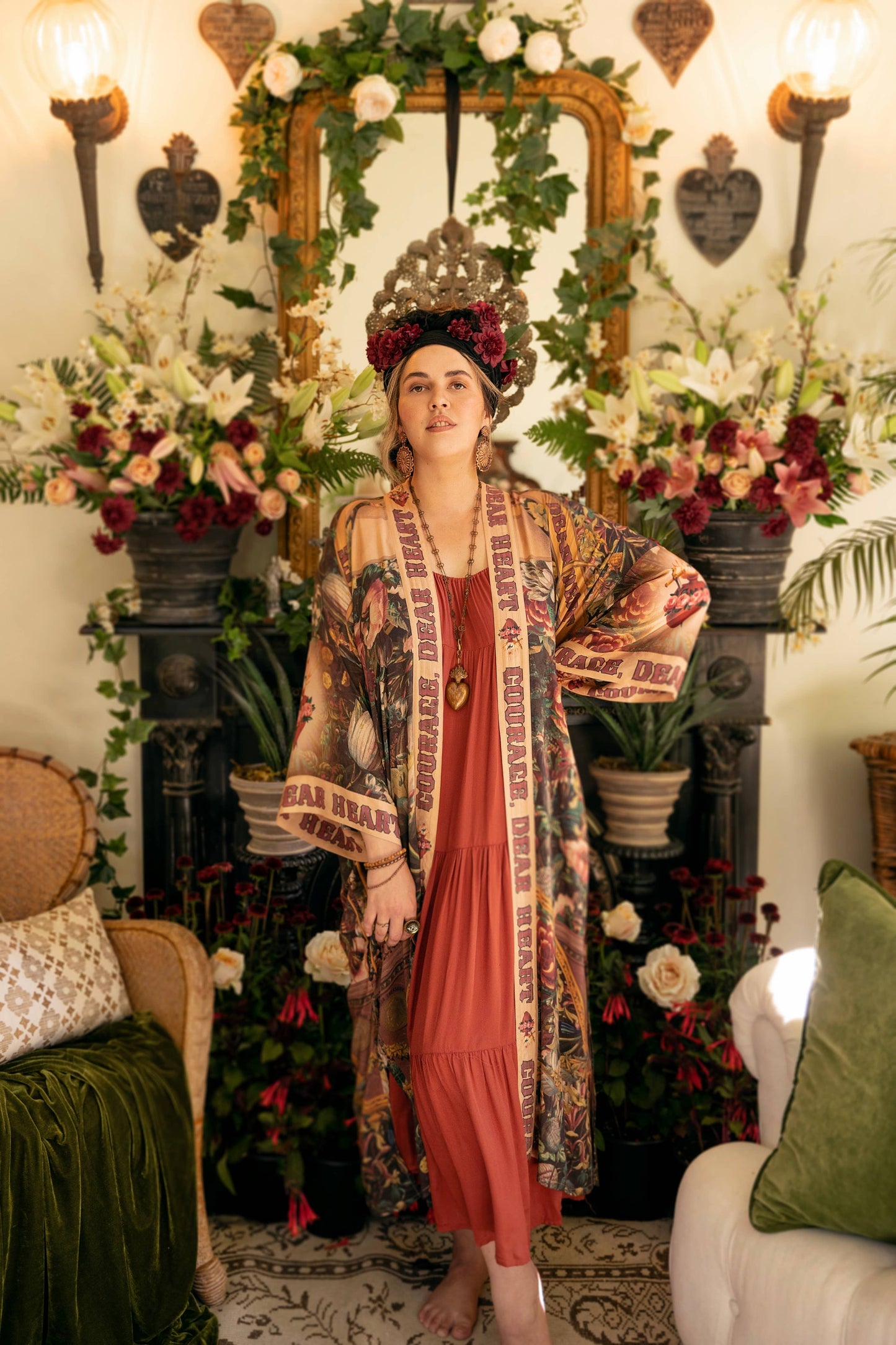 Courage Dear Heart Opera Duster Kimono Robe w/ Sacred Heart- One Size