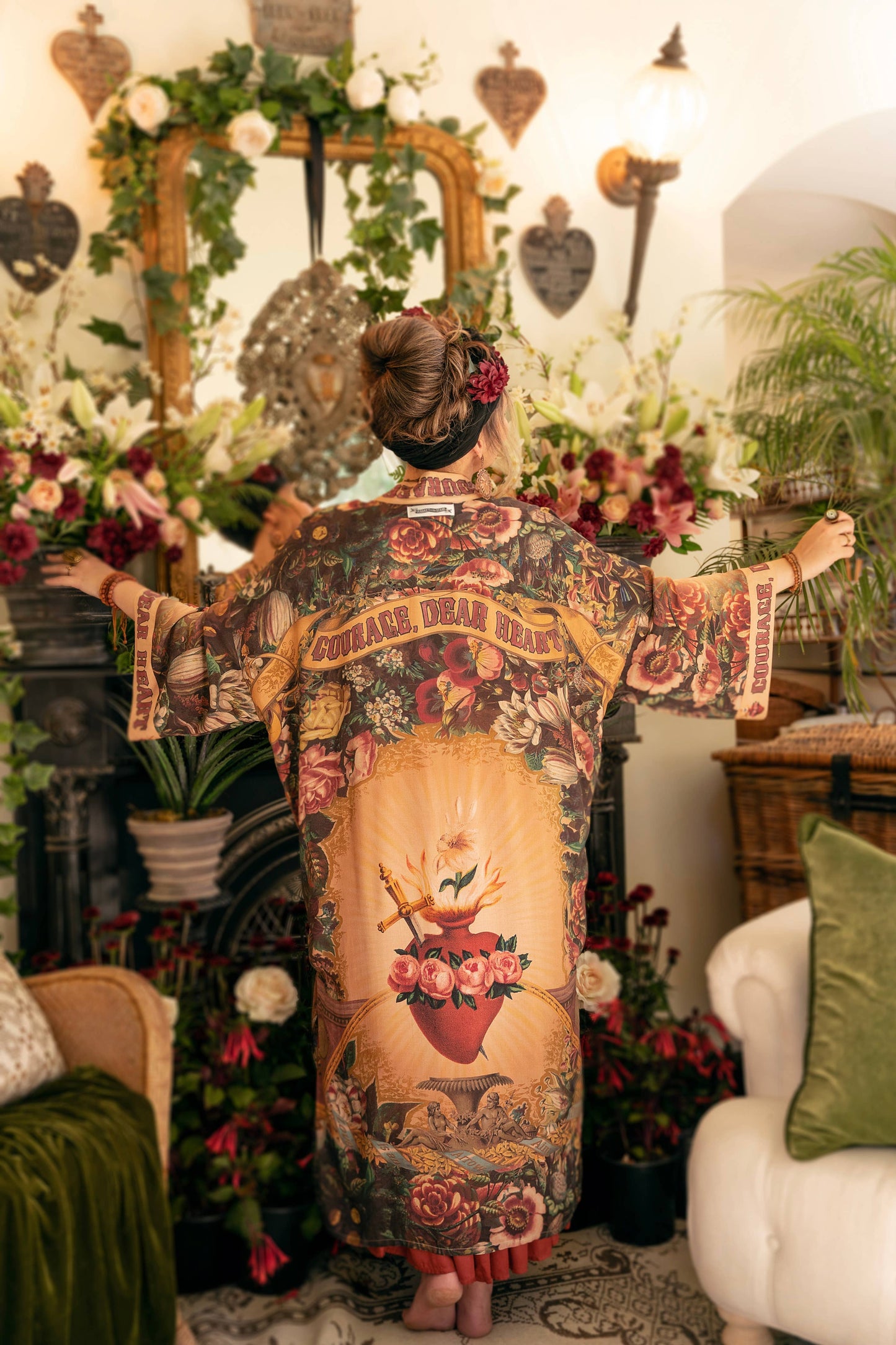 Courage Dear Heart Opera Duster Kimono Robe w/ Sacred Heart- One Size
