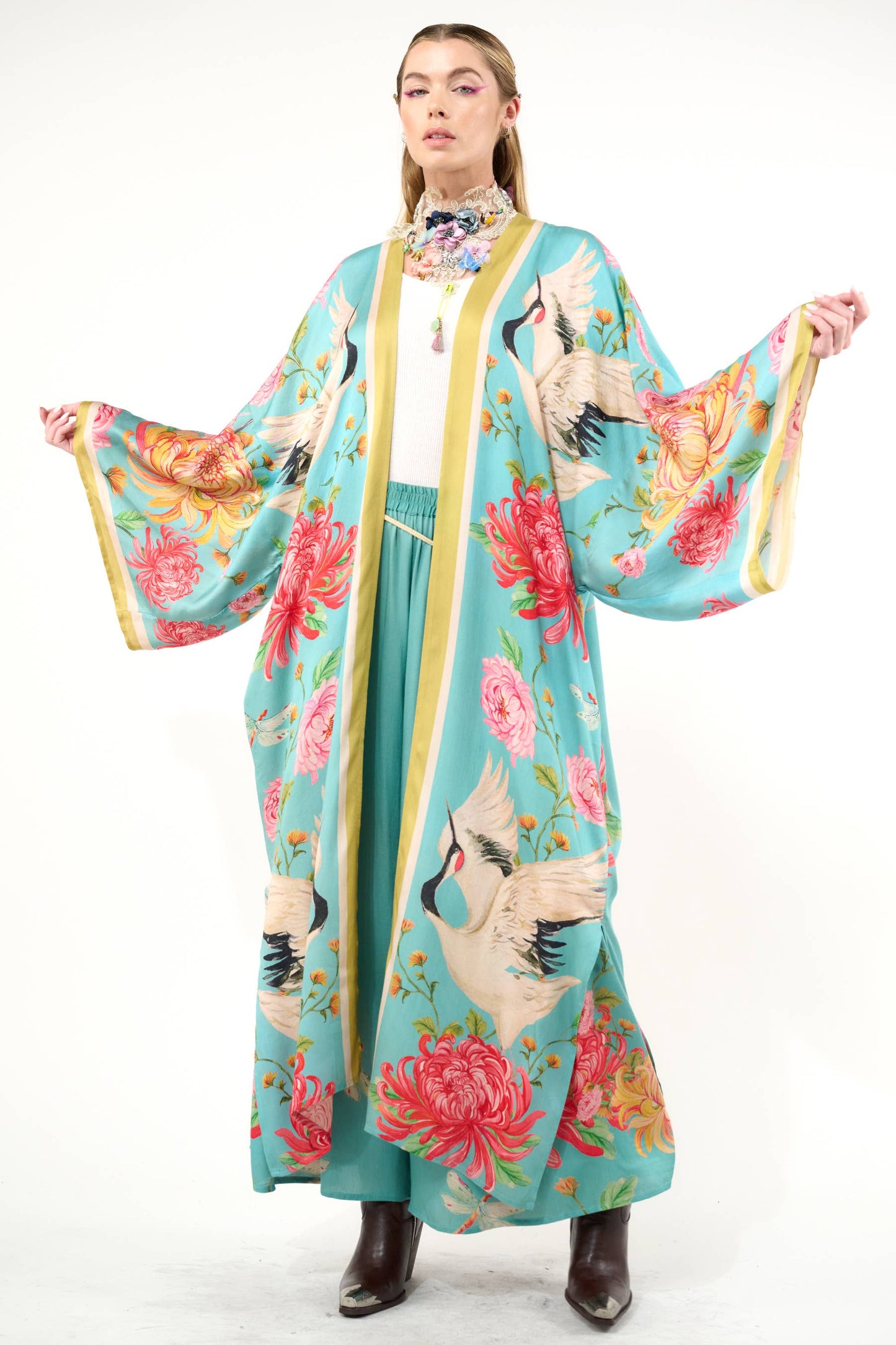 The Legend of the Crane Maxi Kimono / Topper : Vintage Emerald / One Size