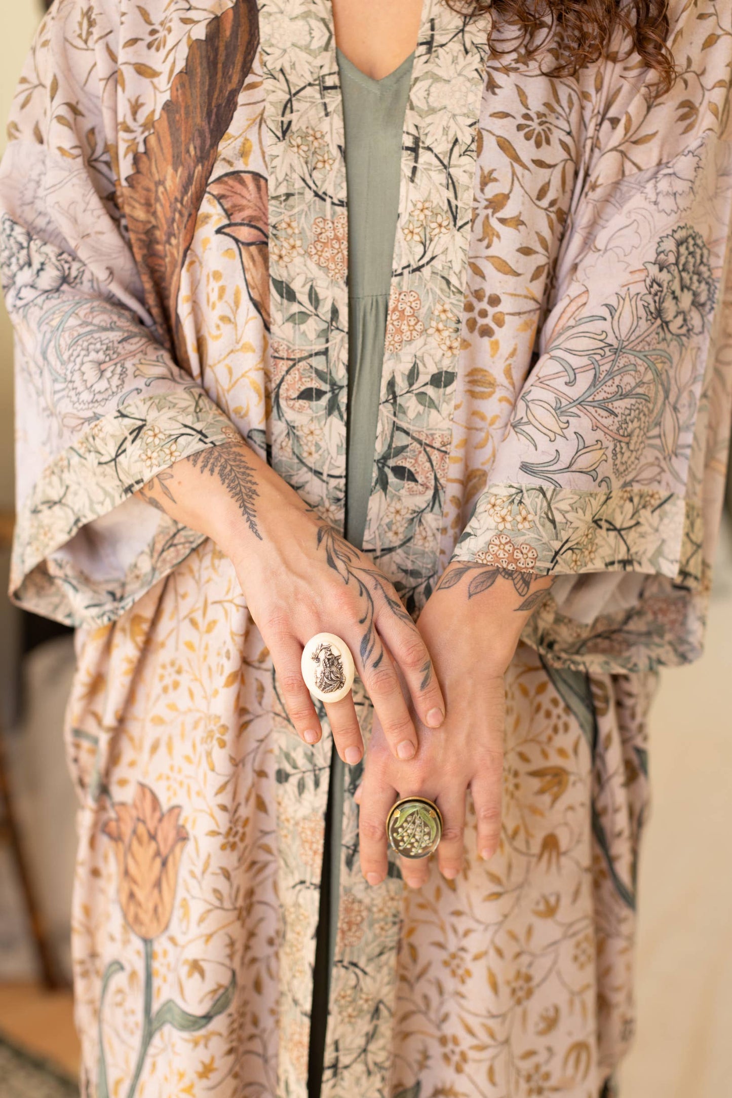 Folklore Opera Duster Bamboo Kimono Robe w/ Bird of Peace