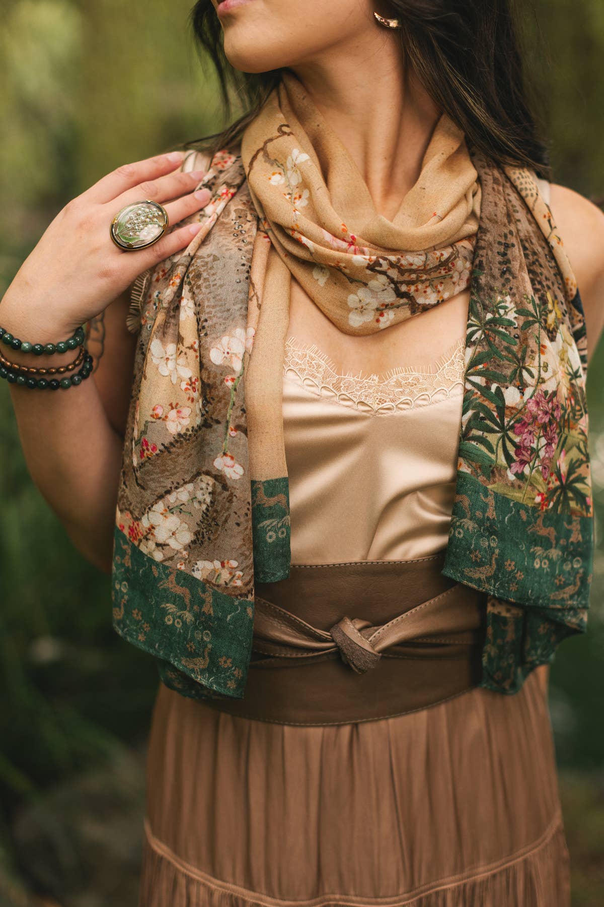 Fable Bohemian Floral Scarf with Deer & Moon Print
