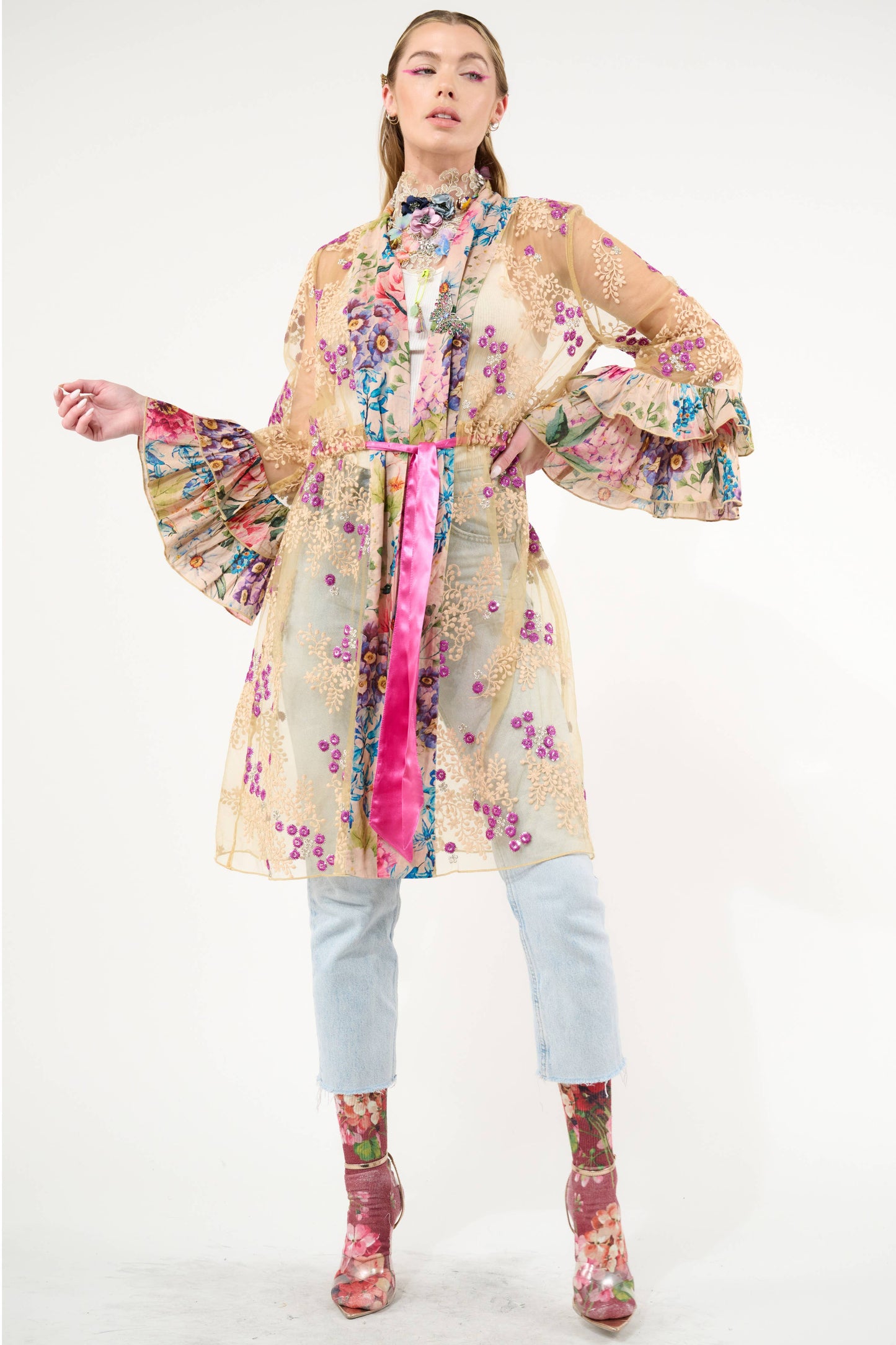Miss September Embellished Mesh Kimono: Antique Floral - Size Medium