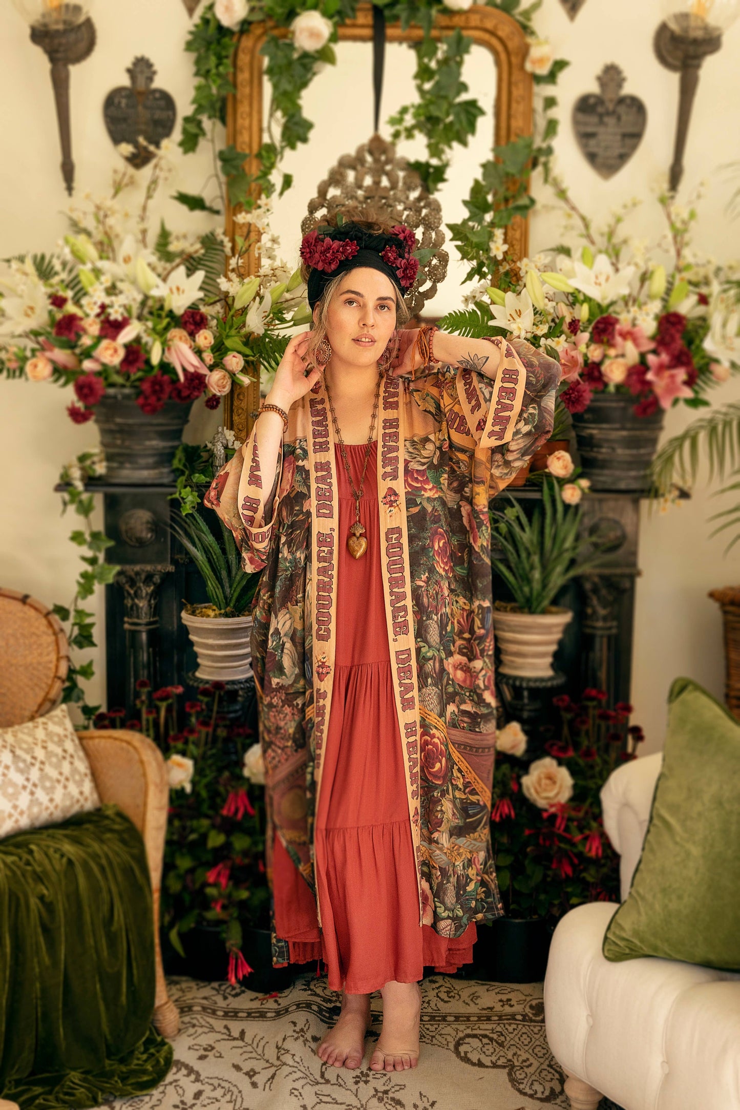 Courage Dear Heart Opera Duster Kimono Robe w/ Sacred Heart- One Size