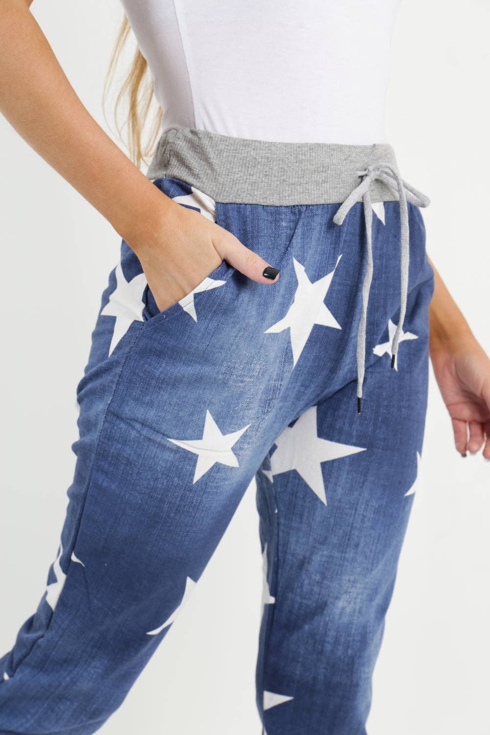 Italian Star Print Pockets Cotton Ladies Trouser: Dark Wash / One Size -16-18