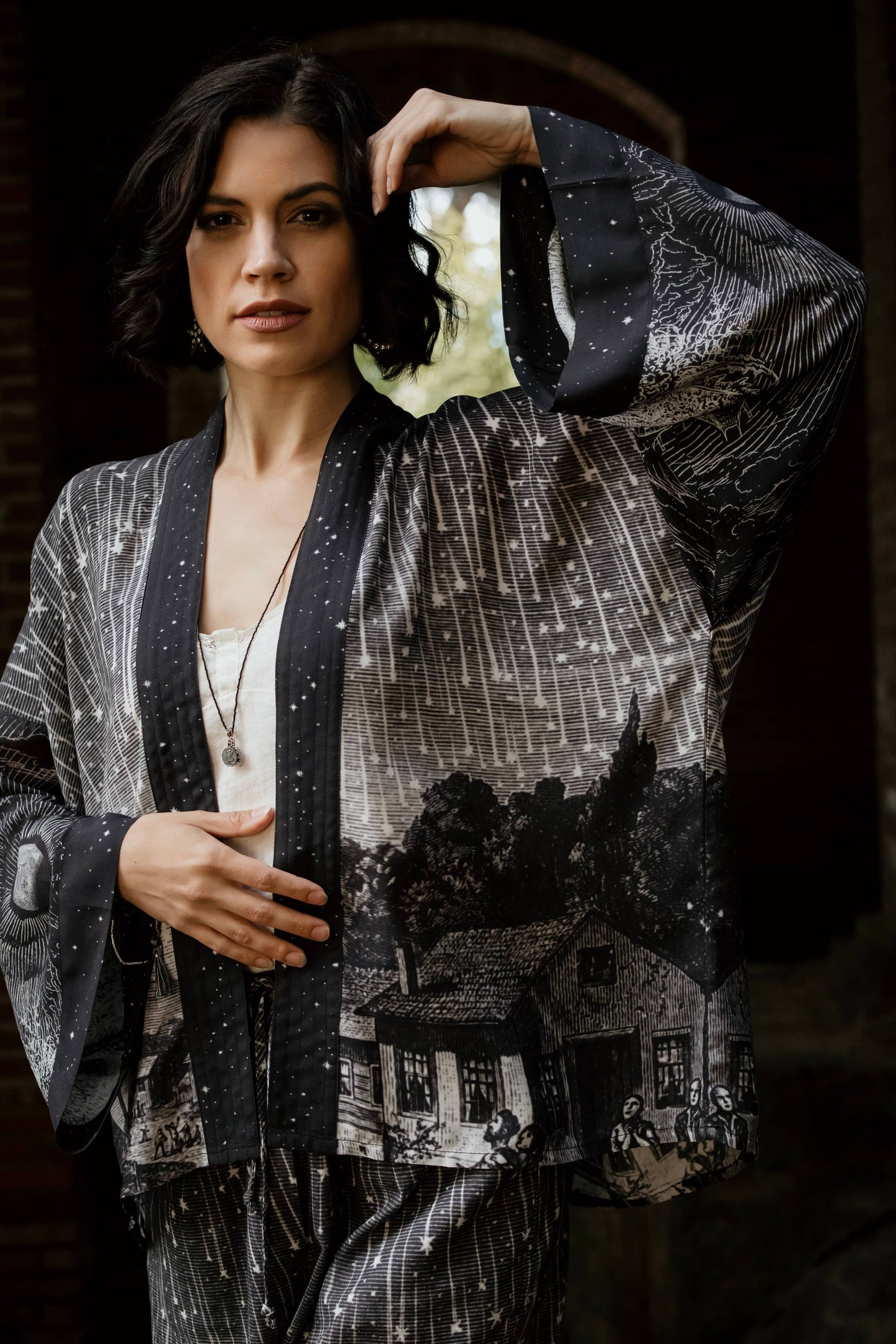 Stargazer Pixie Duster Bamboo Kimono w/ Falling Stars, Crop