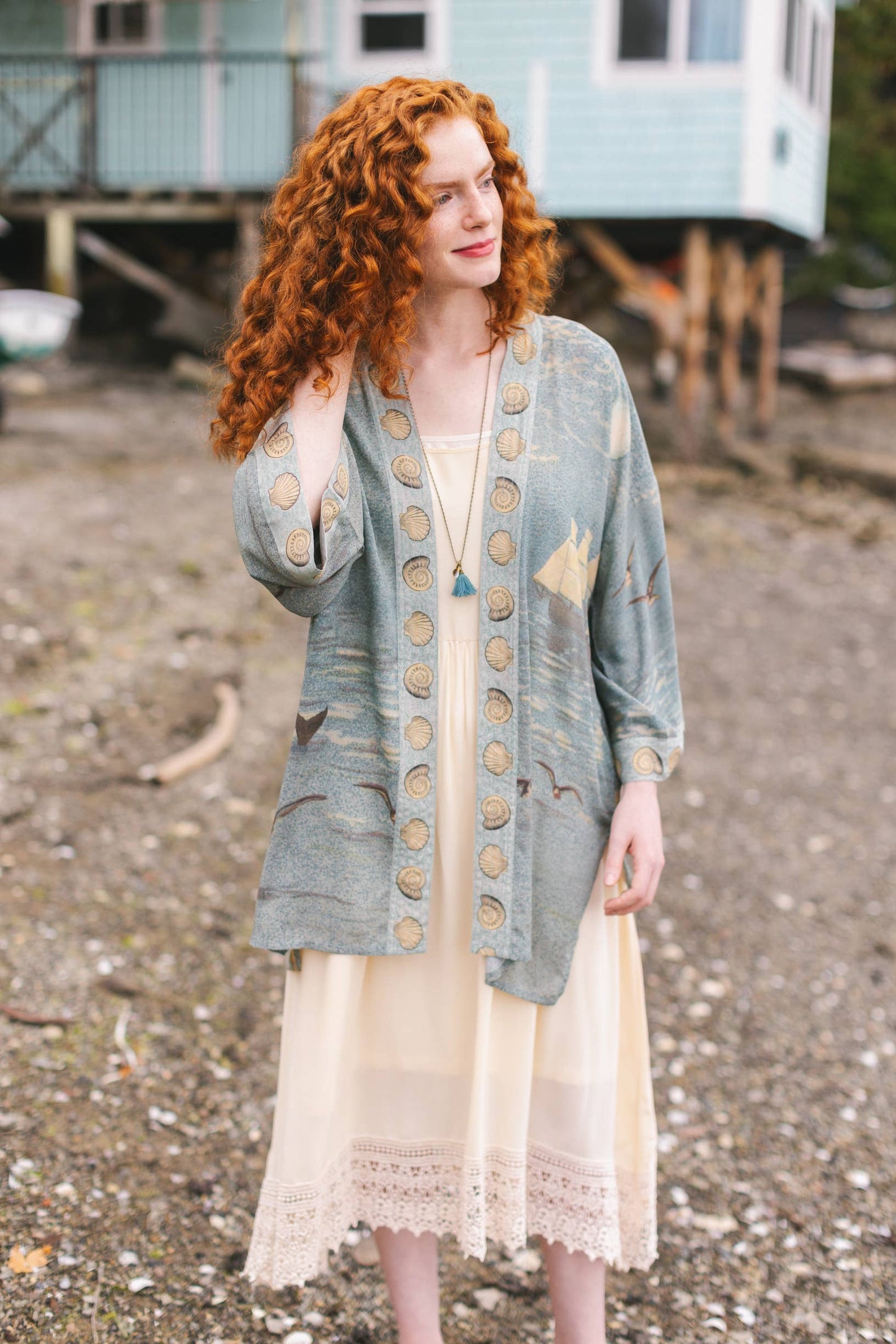 Sunrise Lands Matinée Duster Bamboo Kimono w Ocean midlength