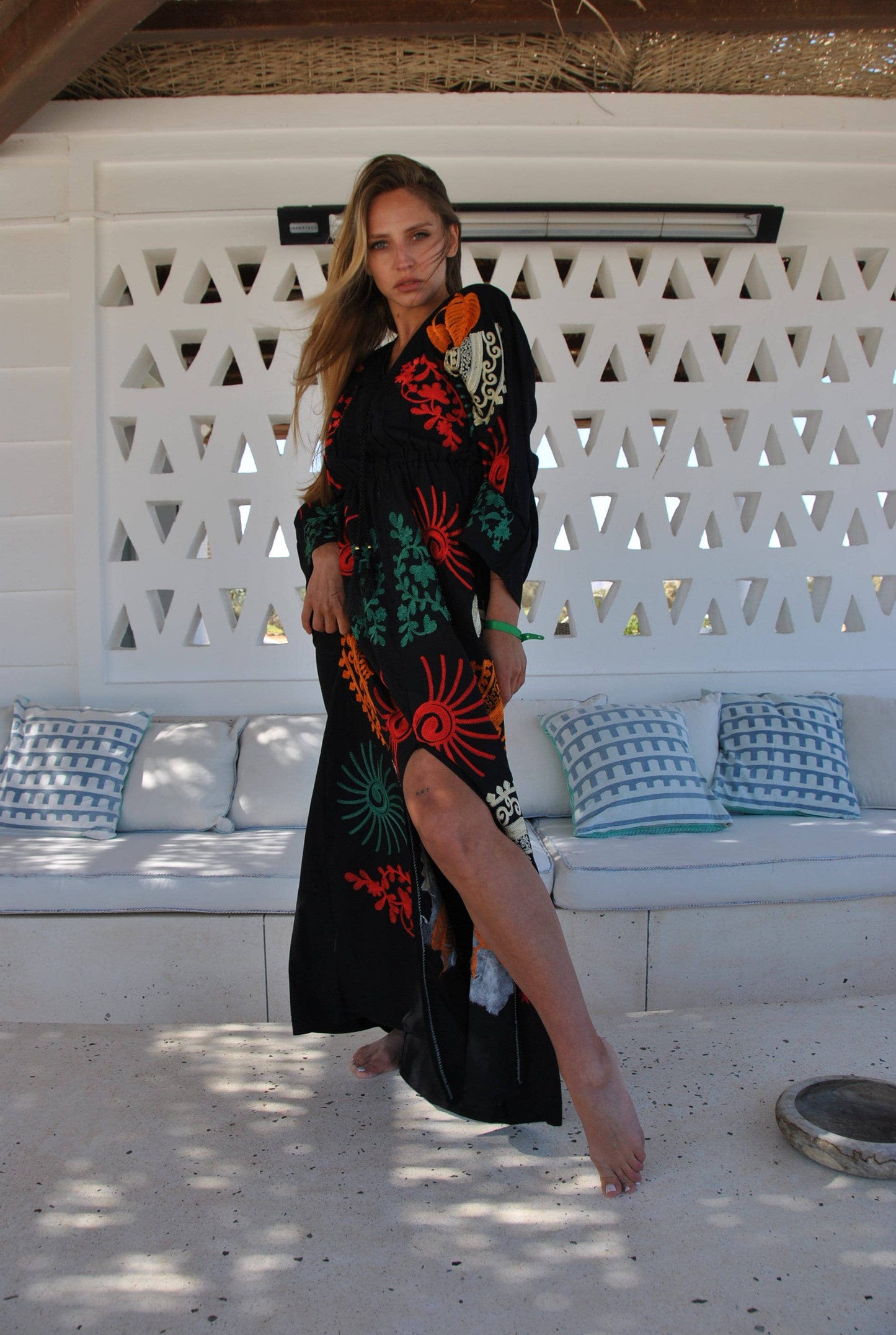 Colorful Embroidered Cotton Caftan Dress: One size (small to large)
