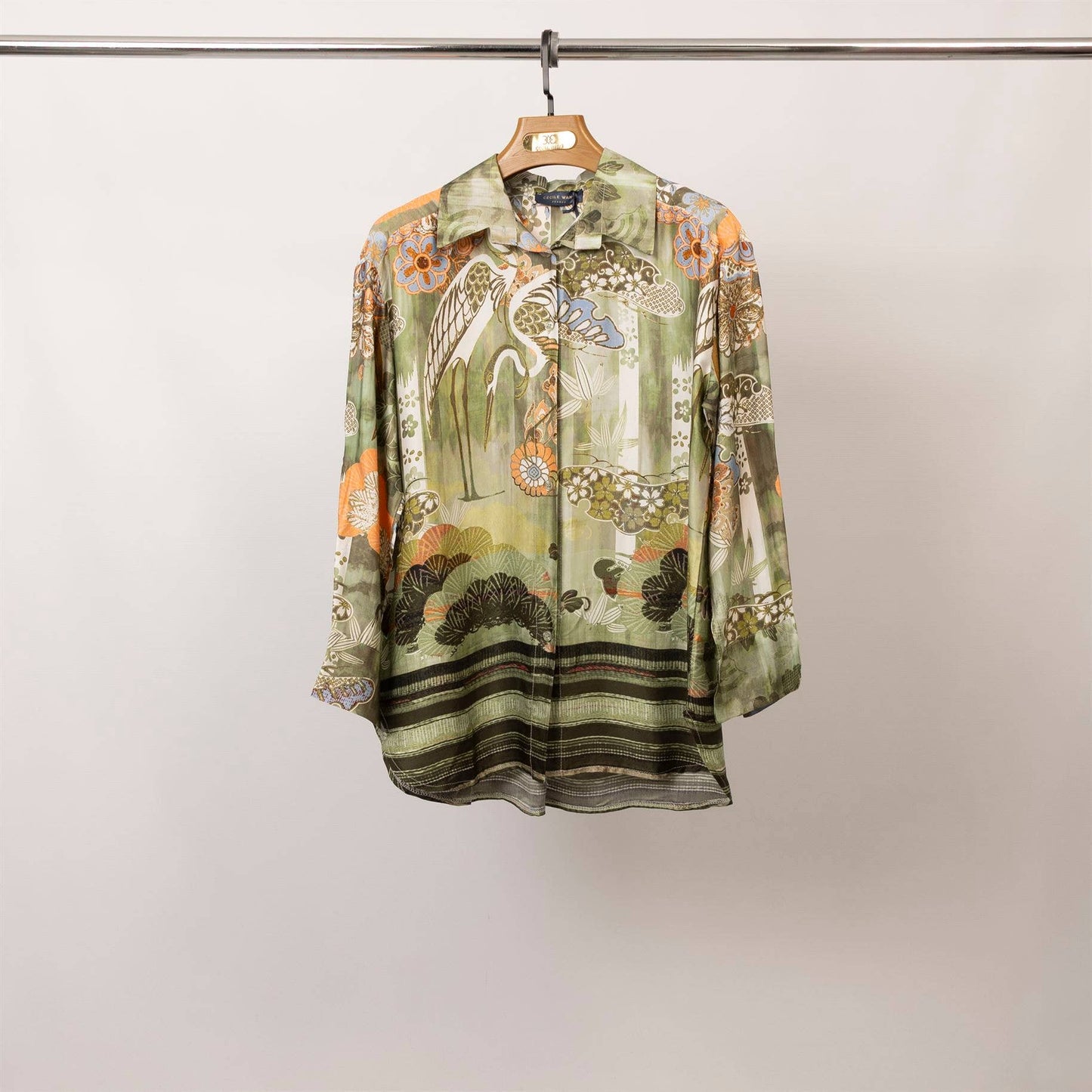Japanese pattern printed satin shirt : Khaki