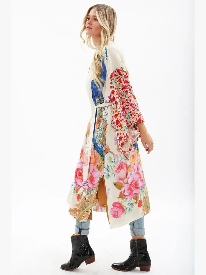 Fantasy Kimono/ Duster: Ivory Peacock Print / Size M