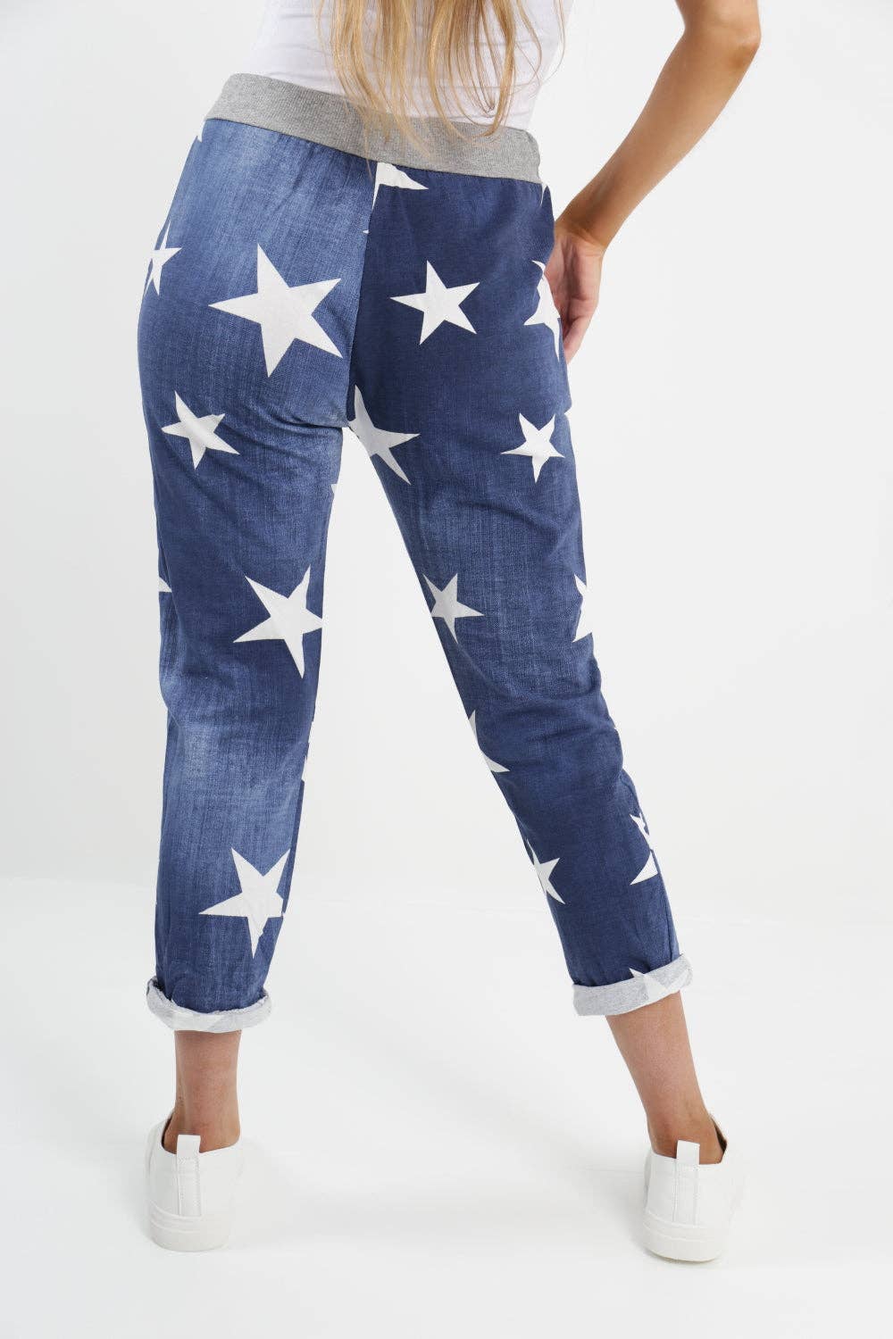 Italian Star Print Pockets Cotton Ladies Trouser: Dark Wash / One Size -16-18