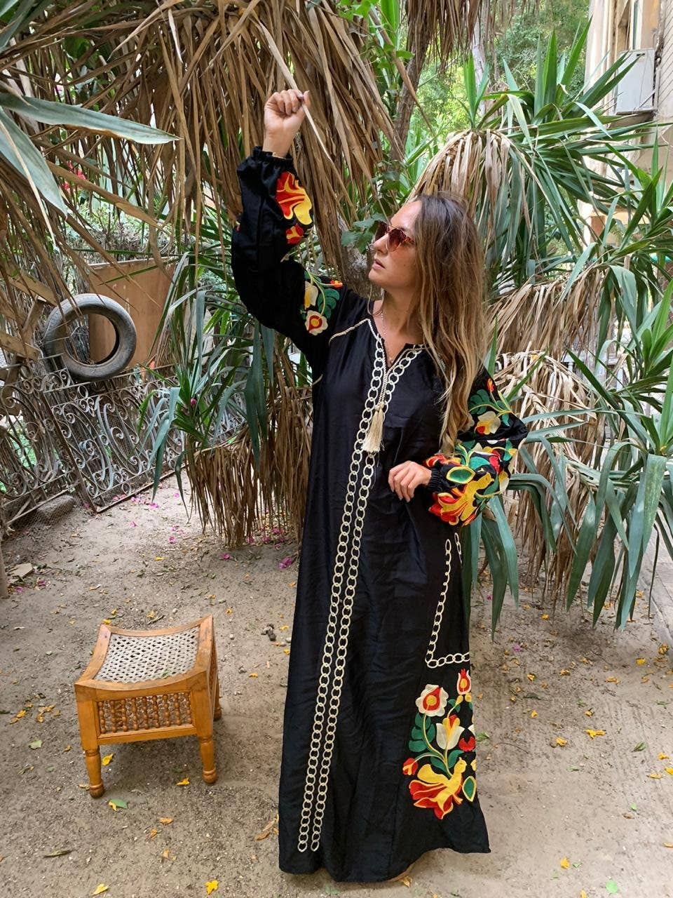 Boho Black Caftan, Egyptian Cotton, Made in Egypt, Long Sleeve Caftan Dress, One Size fits SML.