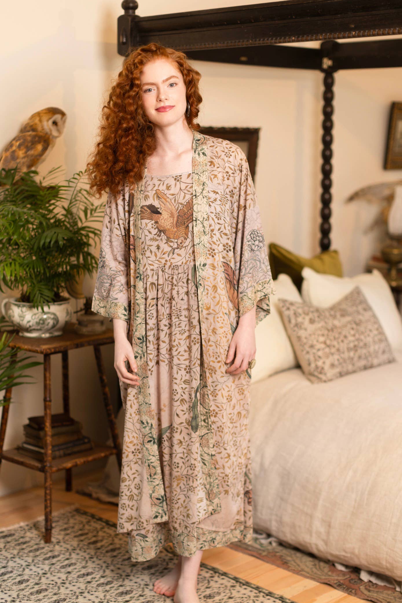 Folklore Opera Duster Bamboo Kimono Robe w/ Bird of Peace