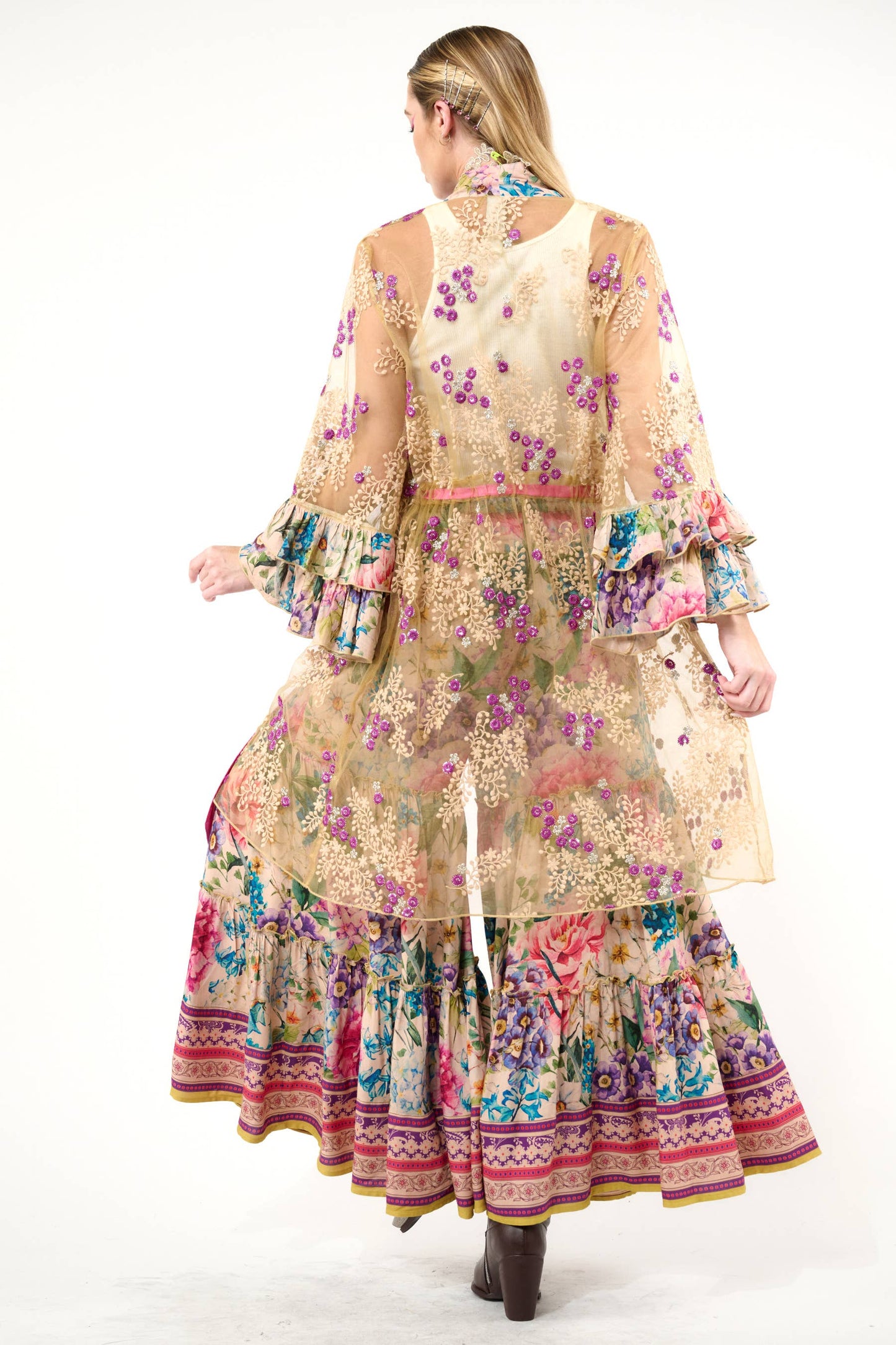 Miss September Embellished Mesh Kimono: Antique Floral - Size Medium