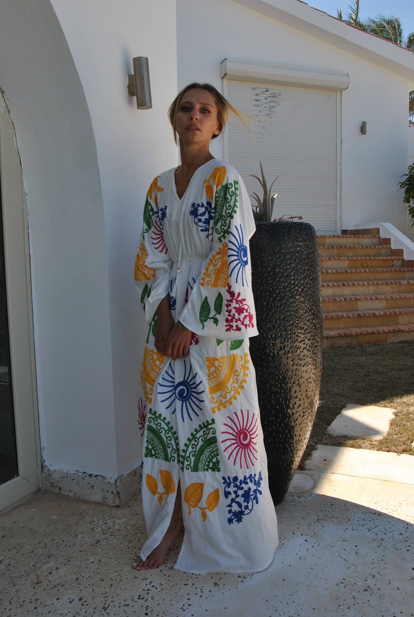 White Embroidered Ocean Caftan: One Size fits small to large