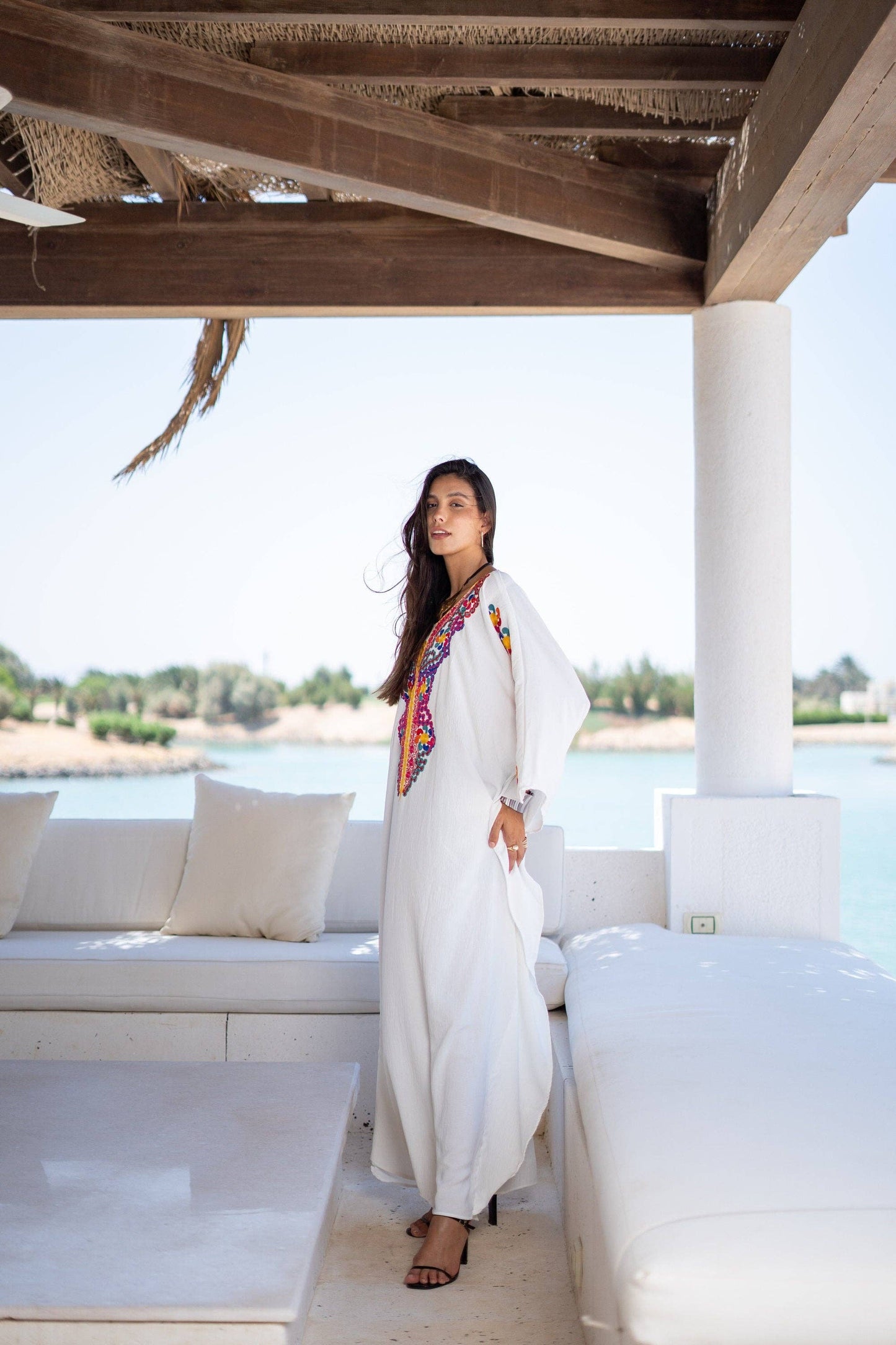 Boho White Embroidered Kaftan- One Size