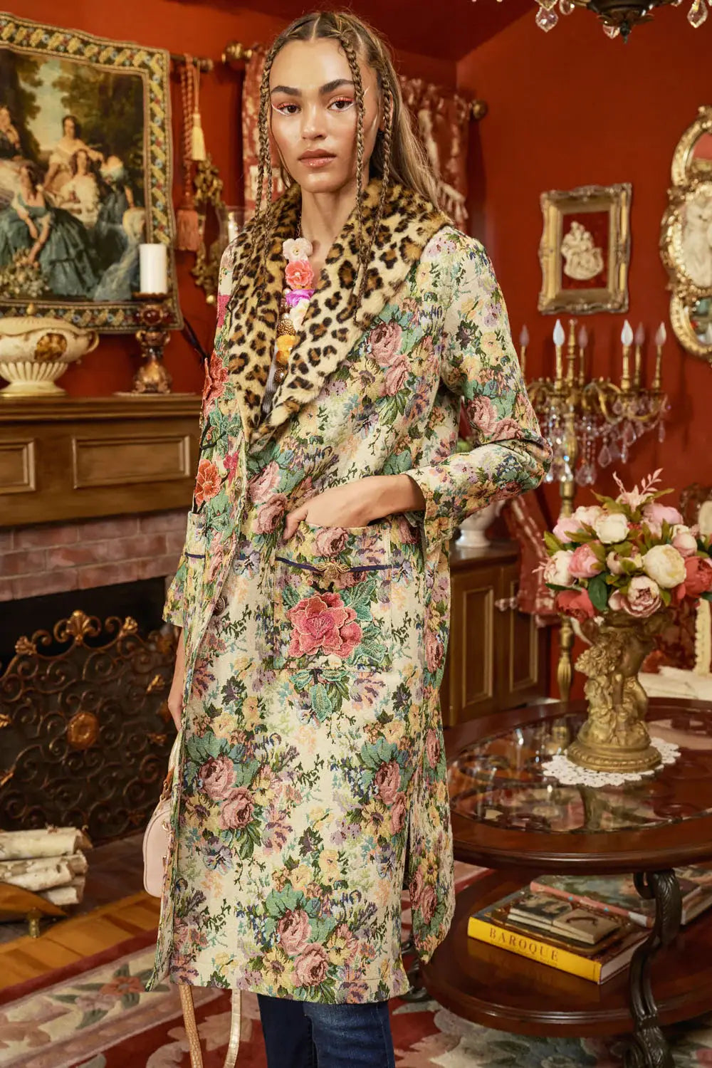 Remember the Time Jacquard Coat: Olive Floral / Size Medium