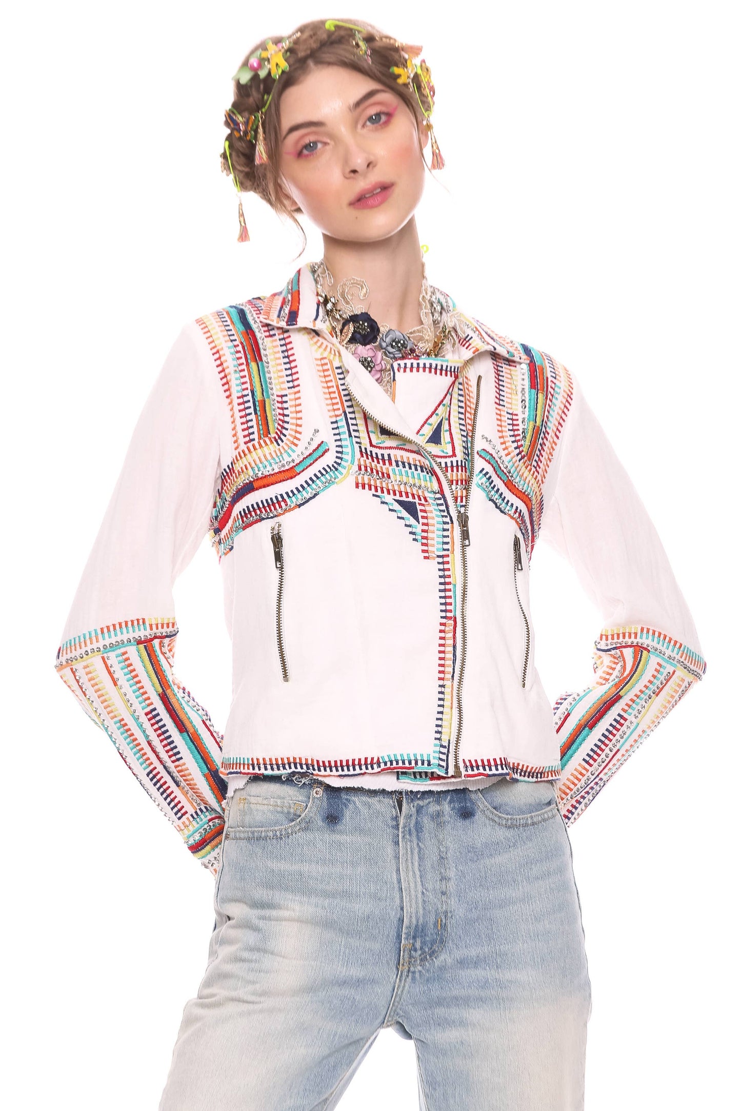 Crafted Lily Motorcycle Jacket: Off White / Size Small