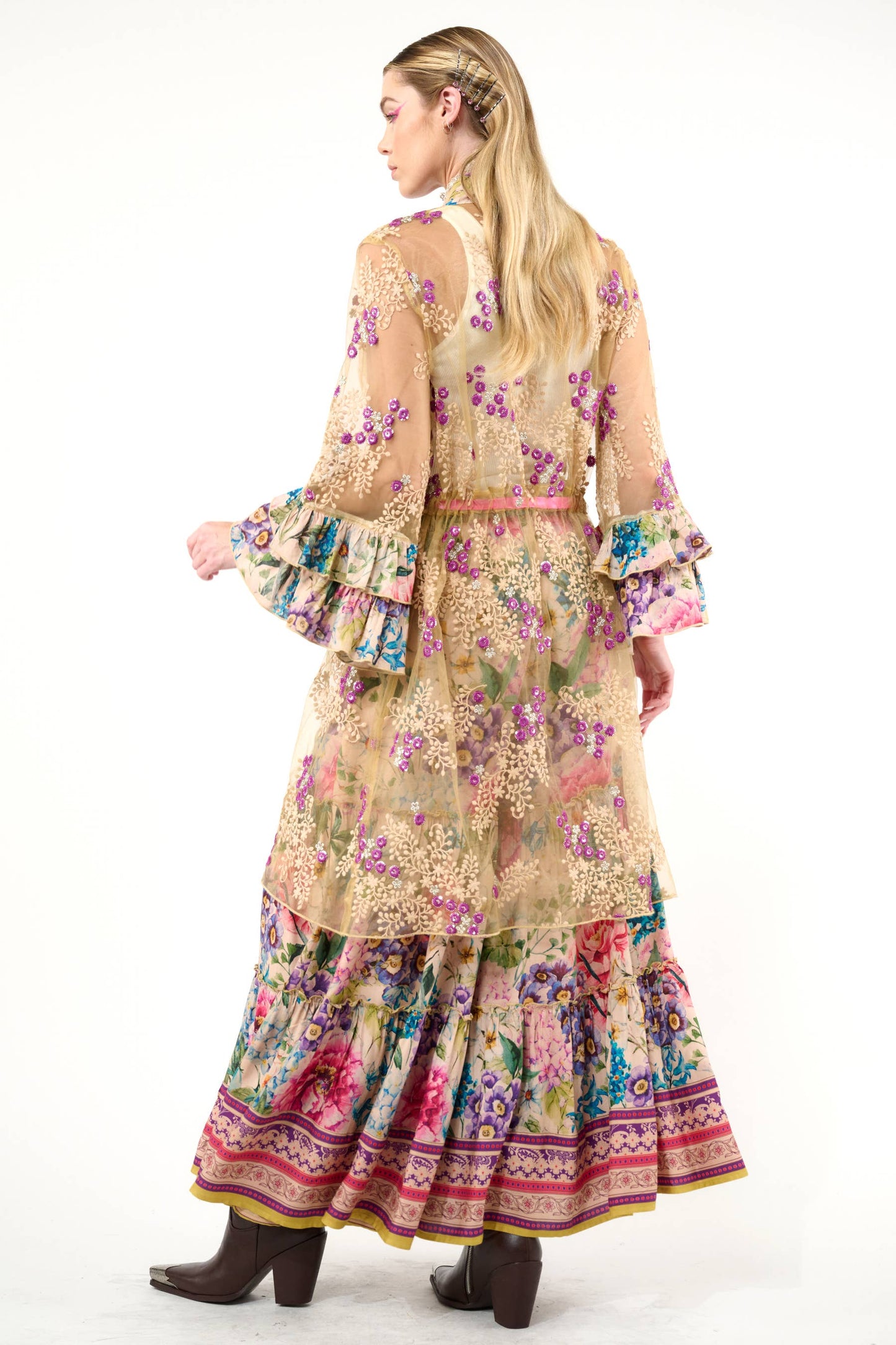 Miss September Embellished Mesh Kimono: Antique Floral - Size Medium