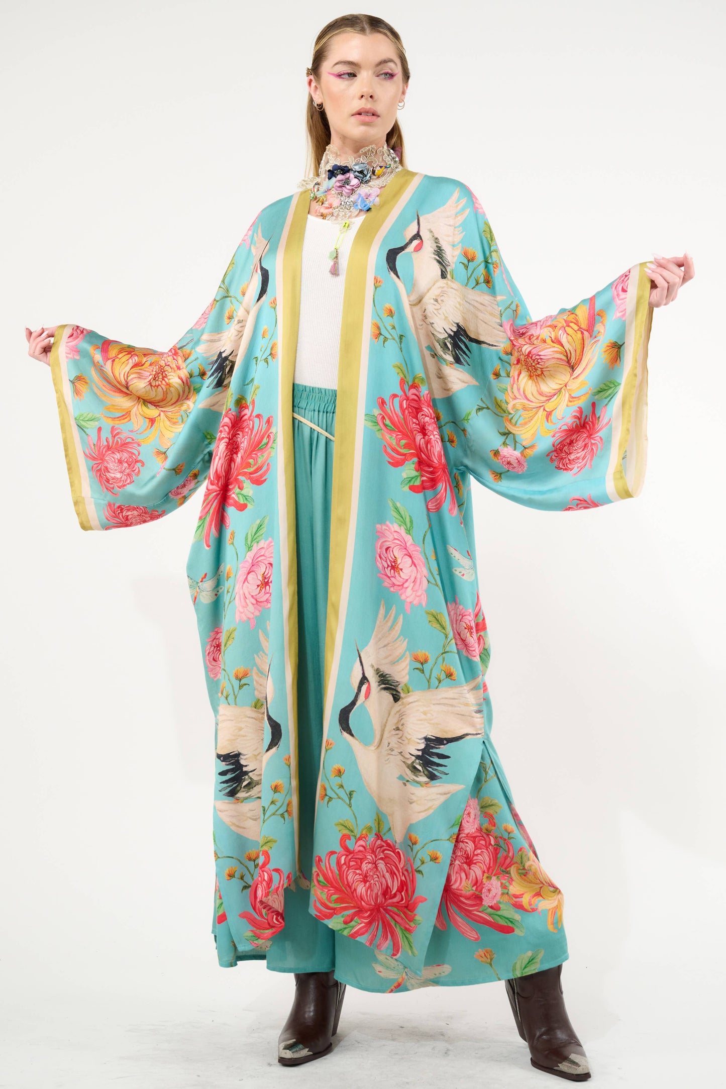 The Legend of the Crane Maxi Kimono / Topper : Vintage Emerald / One Size