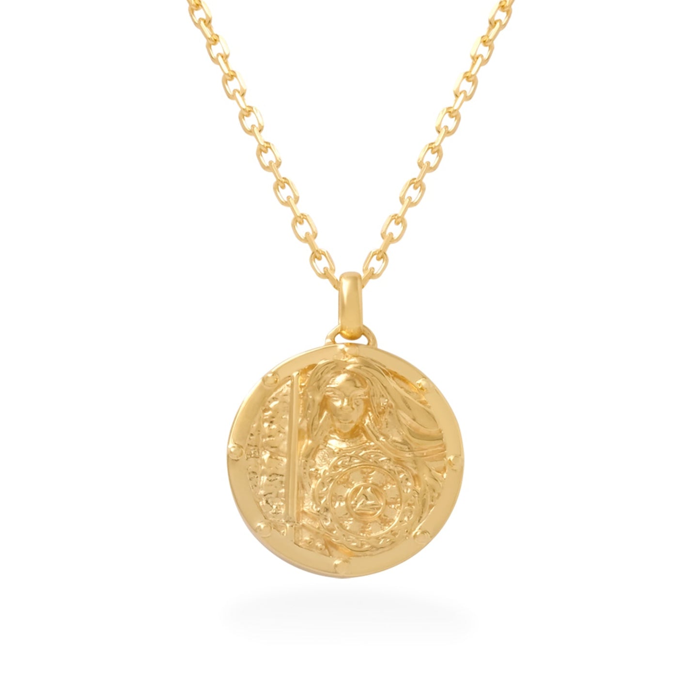 WARRIOR WOMAN TALISMAN MEDALLION & CHAIN in 18Kt YELLOW GOLD PLATED STERLING SILVER