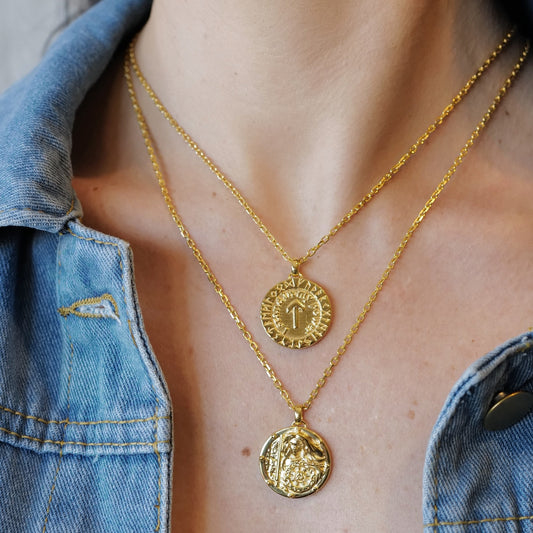 WARRIOR WOMAN TALISMAN MEDALLION & CHAIN in 18Kt YELLOW GOLD PLATED STERLING SILVER