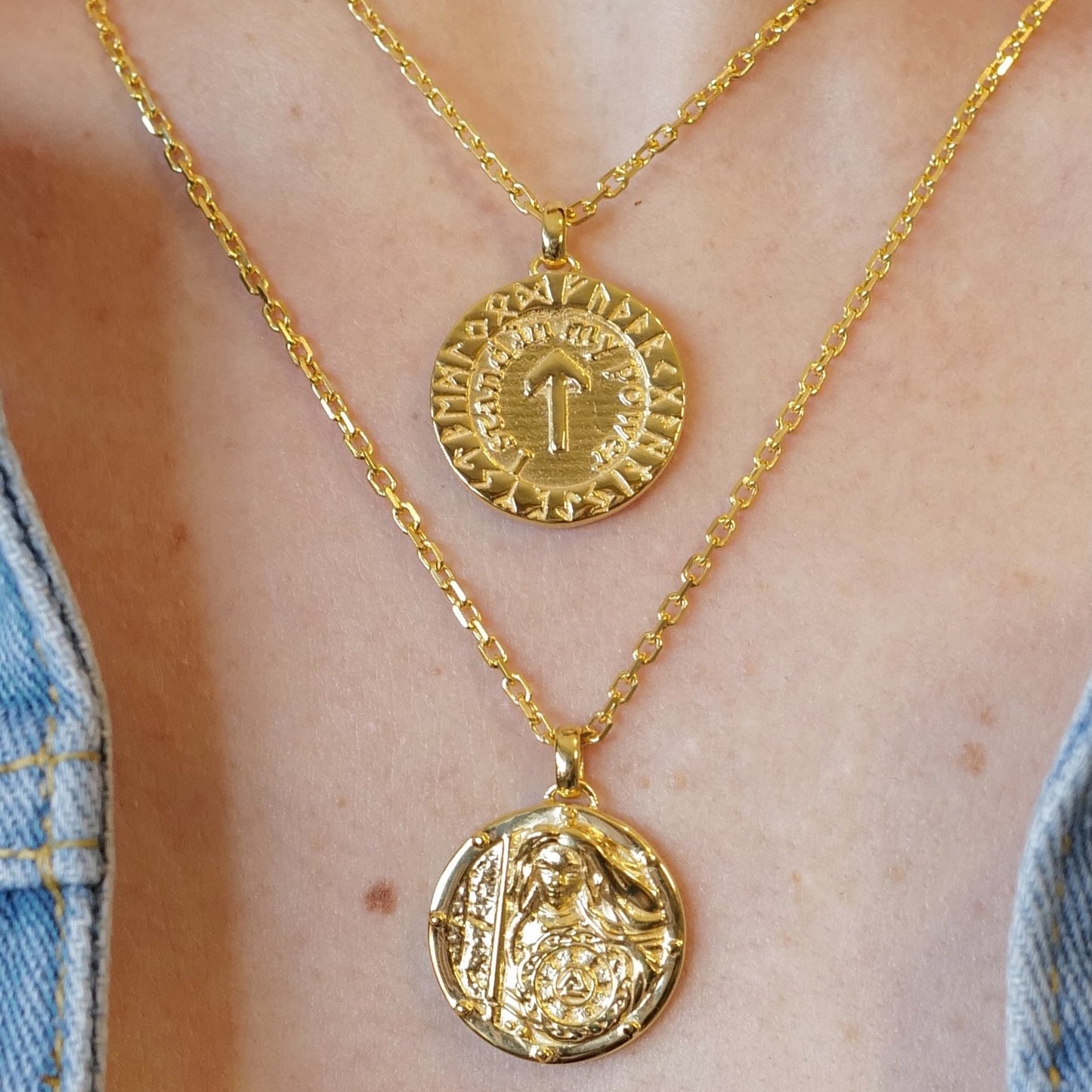 WARRIOR WOMAN TALISMAN MEDALLION & CHAIN in 18Kt YELLOW GOLD PLATED STERLING SILVER