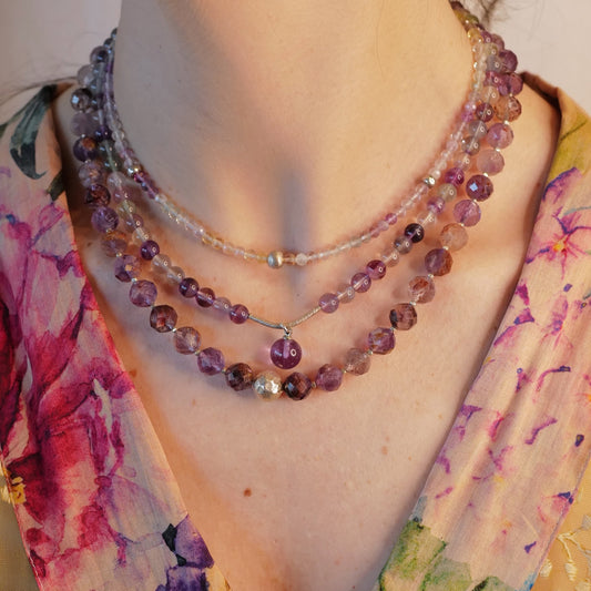 FLUORITE ROUND BEAD & STERLING SILVER NECKLACE (Middle necklace)