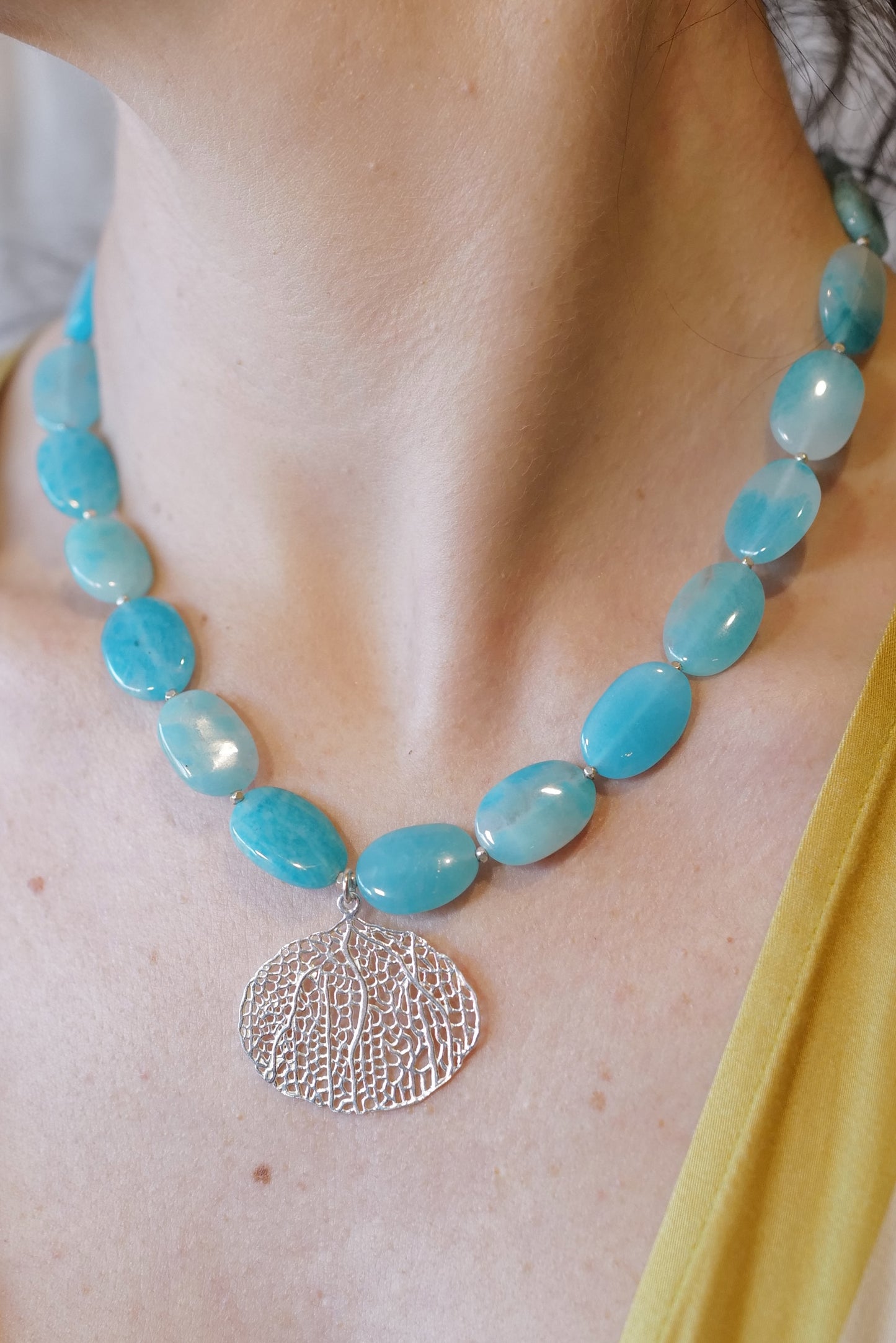 My Archetype Amazonite & Fine Silver Necklace with Coral Pendant- One-of-a-Kind