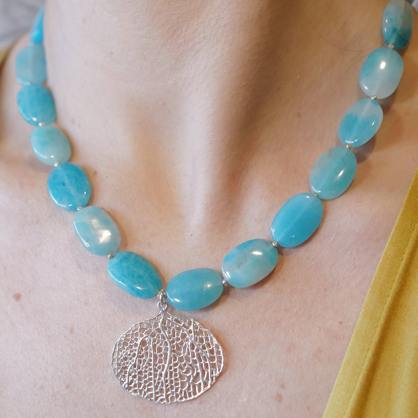 My Archetype Amazonite & Fine Silver Necklace with Coral Pendant- One-of-a-Kind