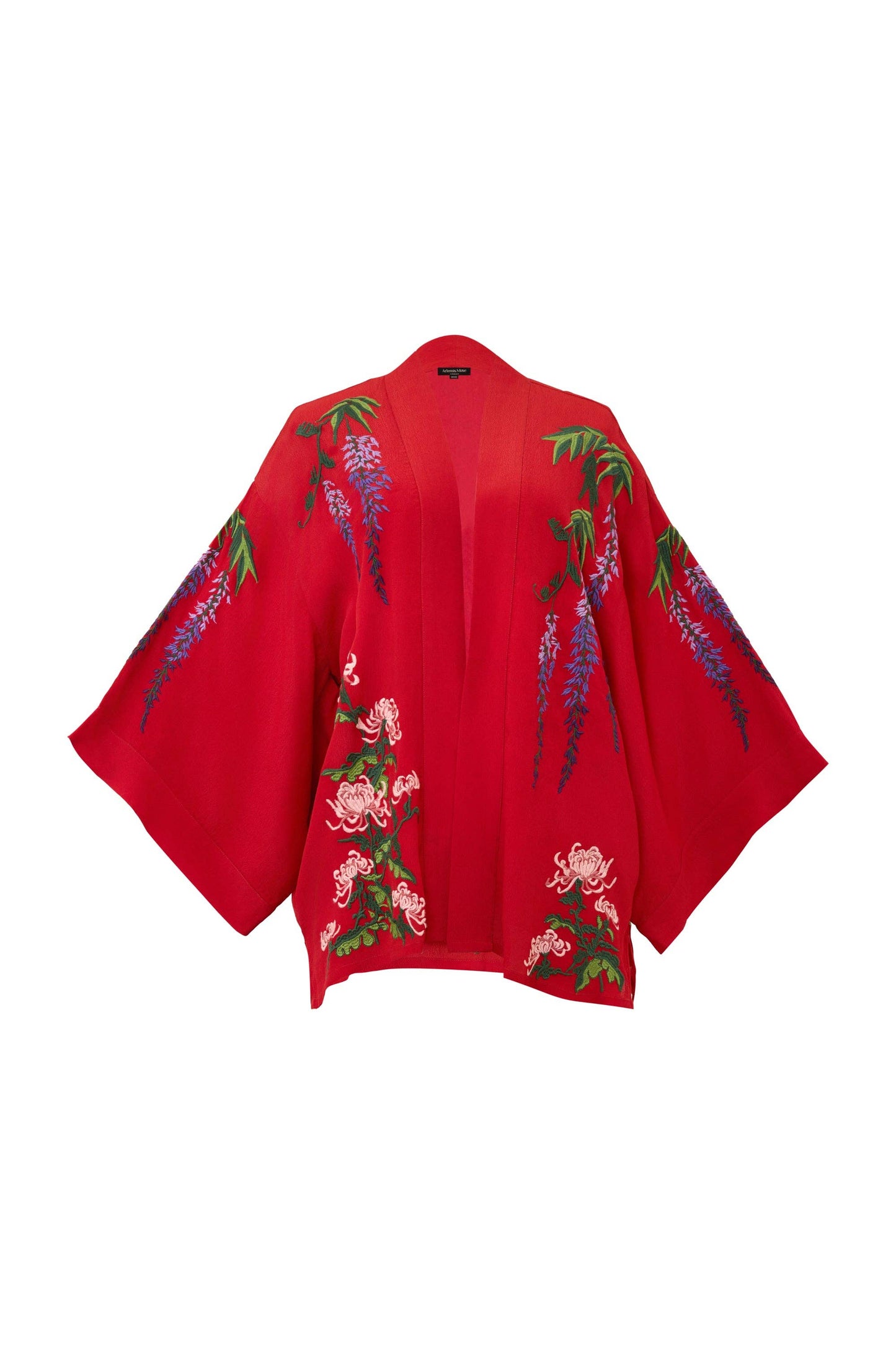 Wisteria & Chrysanthemum Embroidered Red Fully Lined Short Kimono: One Size