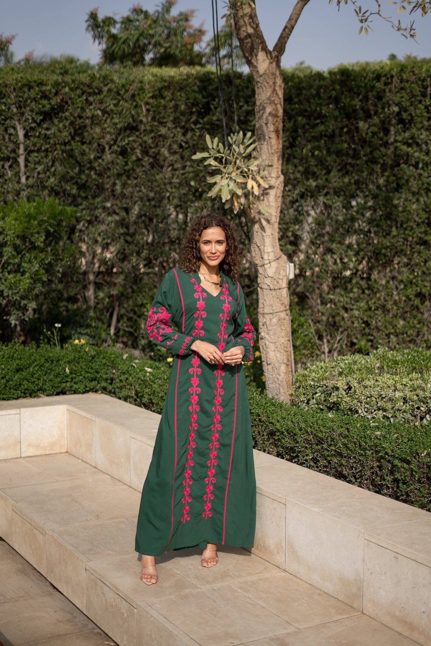 Green embroidered Kaftan maxi dress